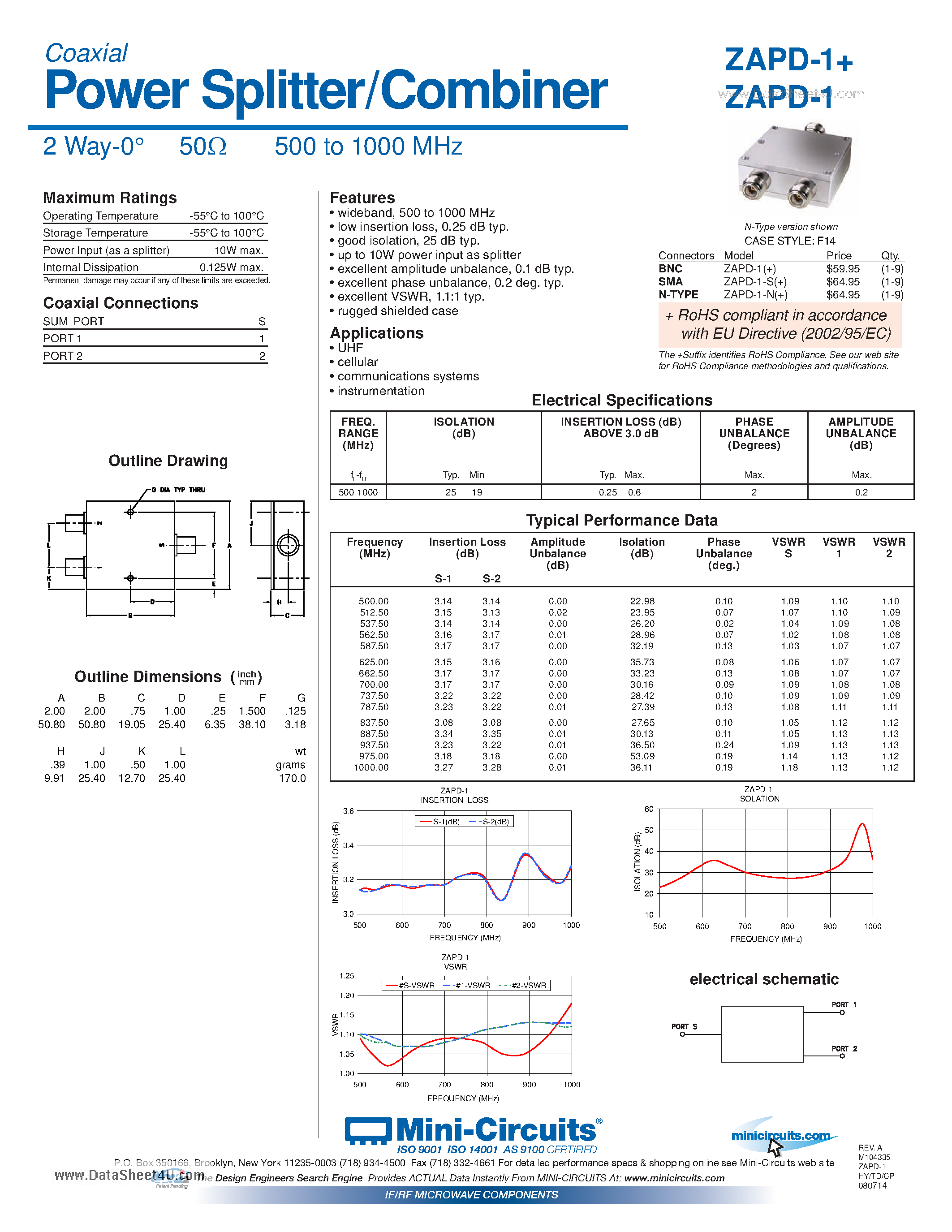 Datasheet ZAPD-1 page 1 Datasheet ZAPD-1 - Power Splitter/Combiner 2 Way-0 50ohm 500 to 1000 MHz page 1