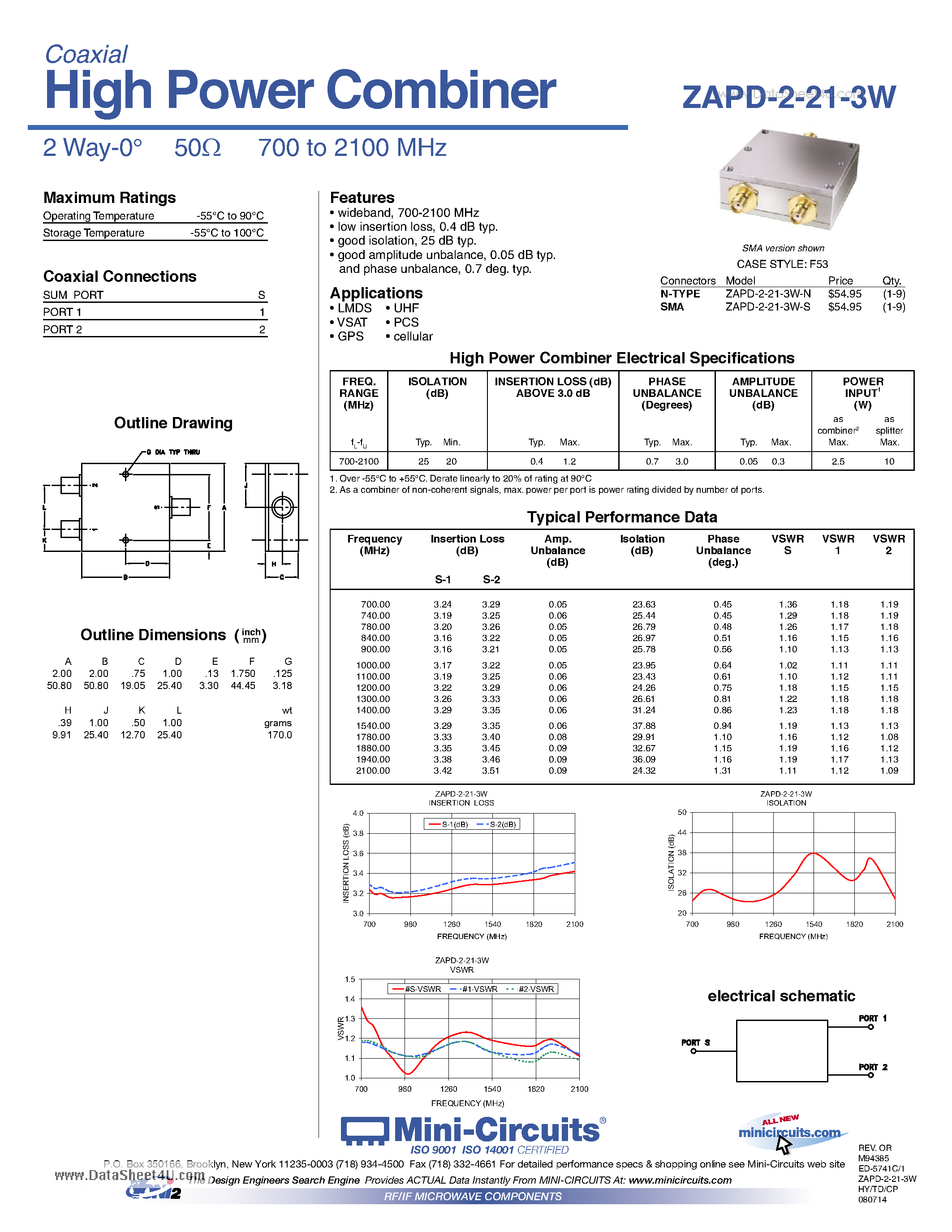 Datasheet ZAPD-2-21-3W page 1 Datasheet ZAPD-2-21-3W - High Power Combiner page 1