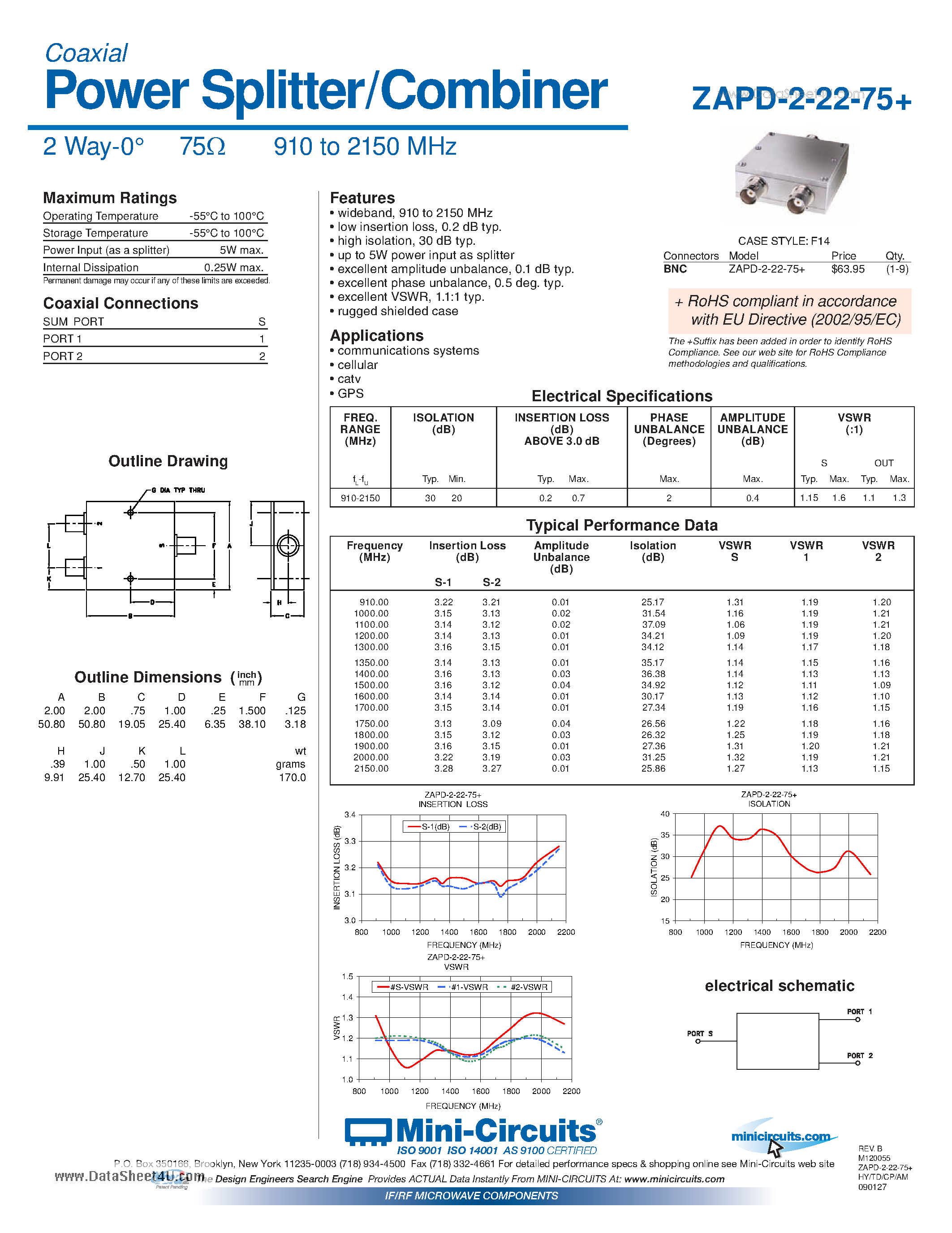 Datasheet ZAPD-2-22-75+ - Power Splitter page 1
