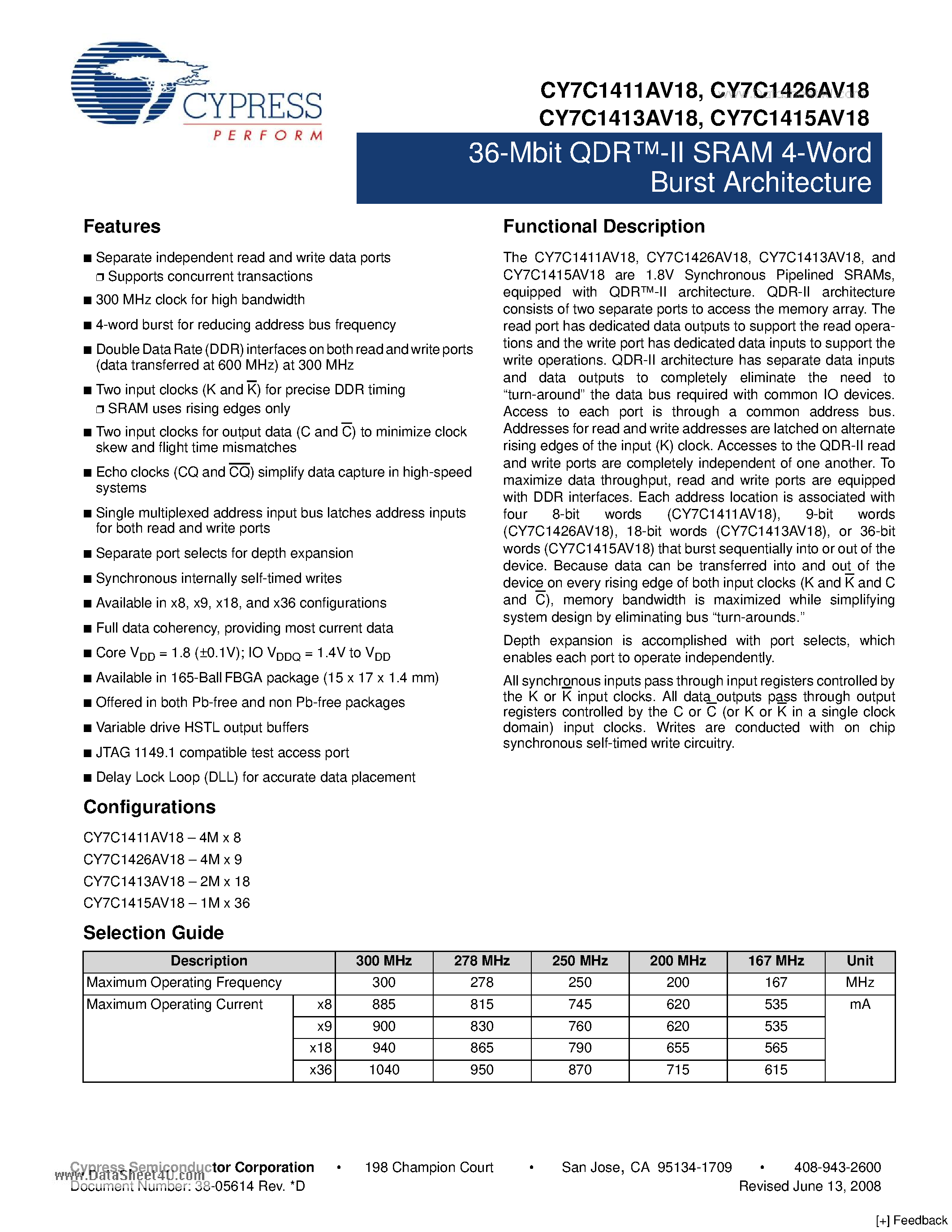 Datasheet CY7C1411AV18 page 1 Datasheet CY7C1411AV18 - (CY7C14xxAV18) 36-Mbit QDR-II SRAM 4-Word Burst Architecture page 1