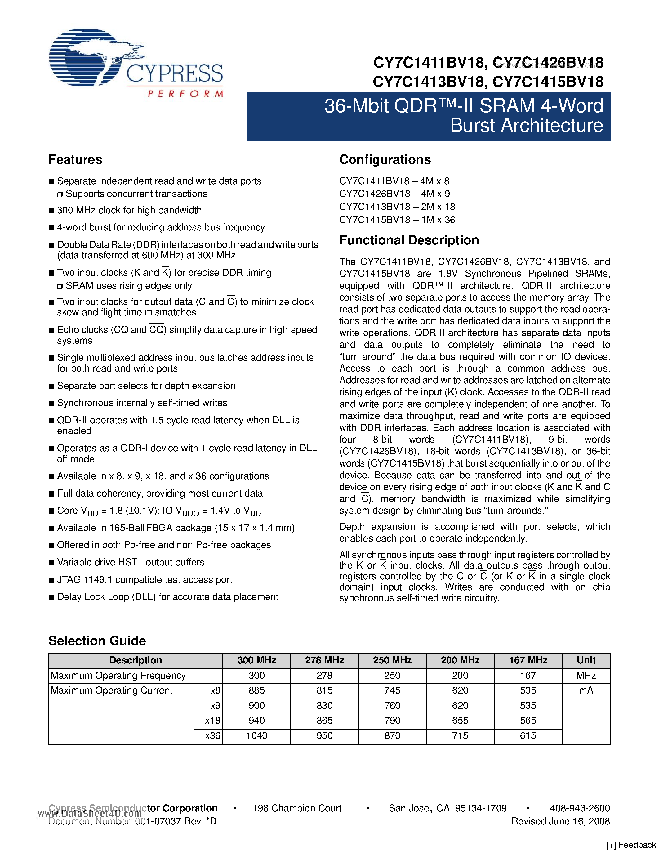 Datasheet CY7C1411BV18 - (CY7C14xxBV18) 36-Mbit QDR-II SRAM 4-Word Burst Architecture page 1