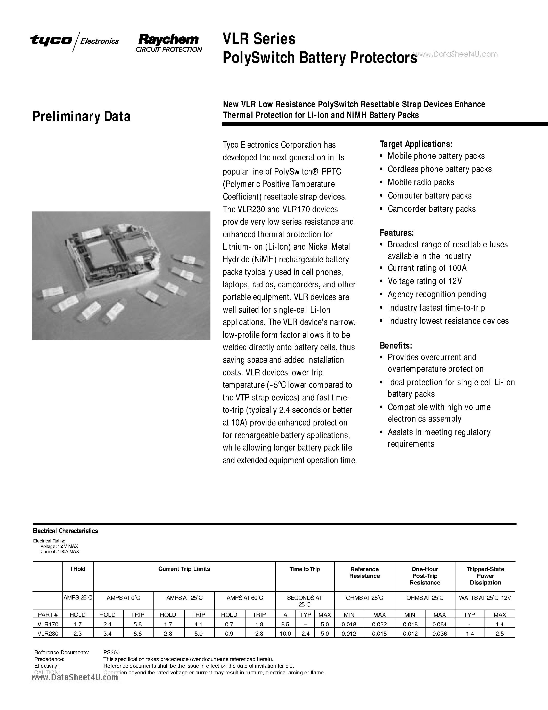 Даташит VLR - PolySwitch Battery Protector страница 1