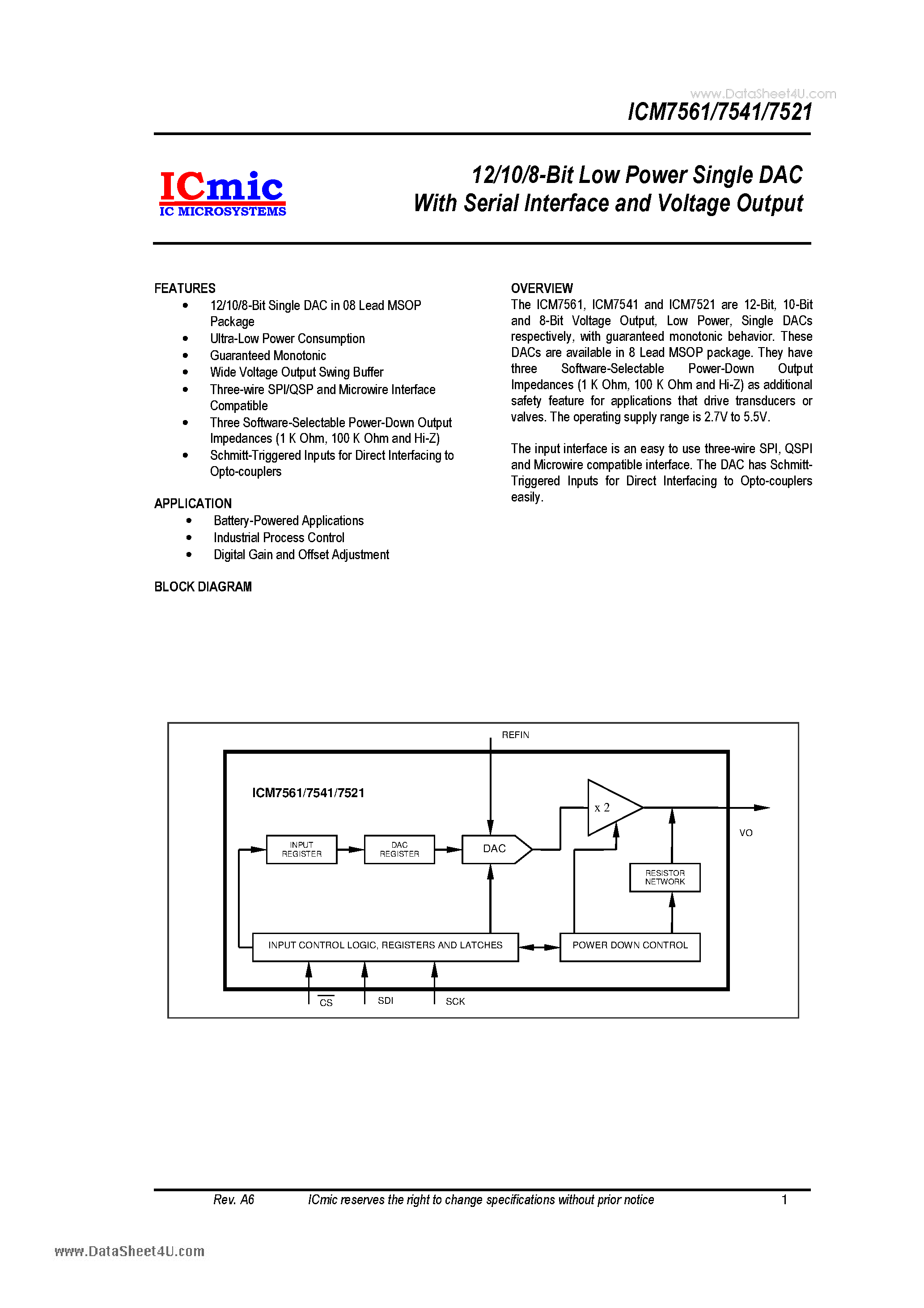 Datasheet ICM7521 - (ICM7521 - ICM7561) 12/10/8-Bit Low Power Single DAC page 1