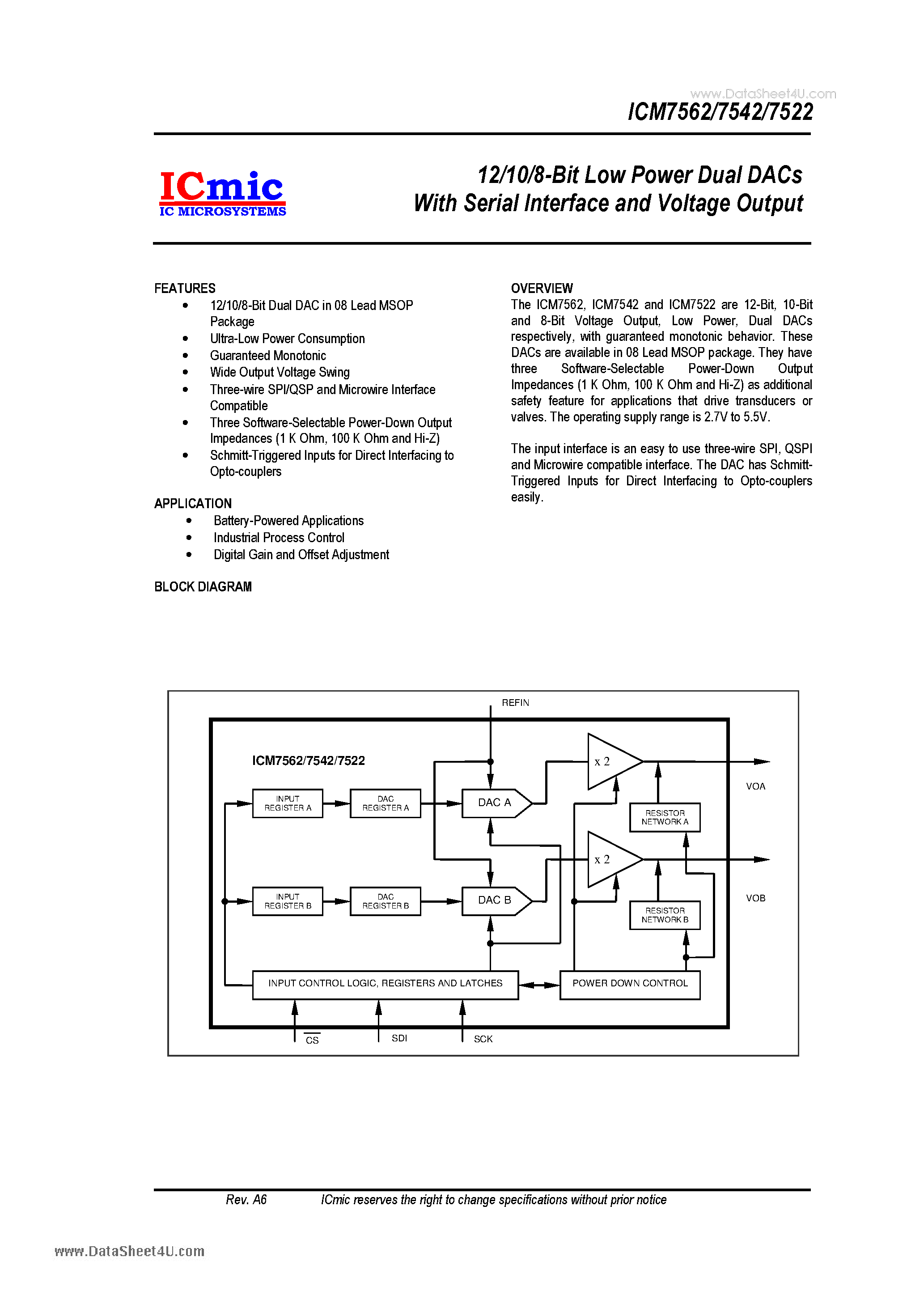 Datasheet ICM7522 page 1 Datasheet ICM7522 - (ICM7522 - ICM7562) 12/10/8-Bit Low Power Dual DACs page 1