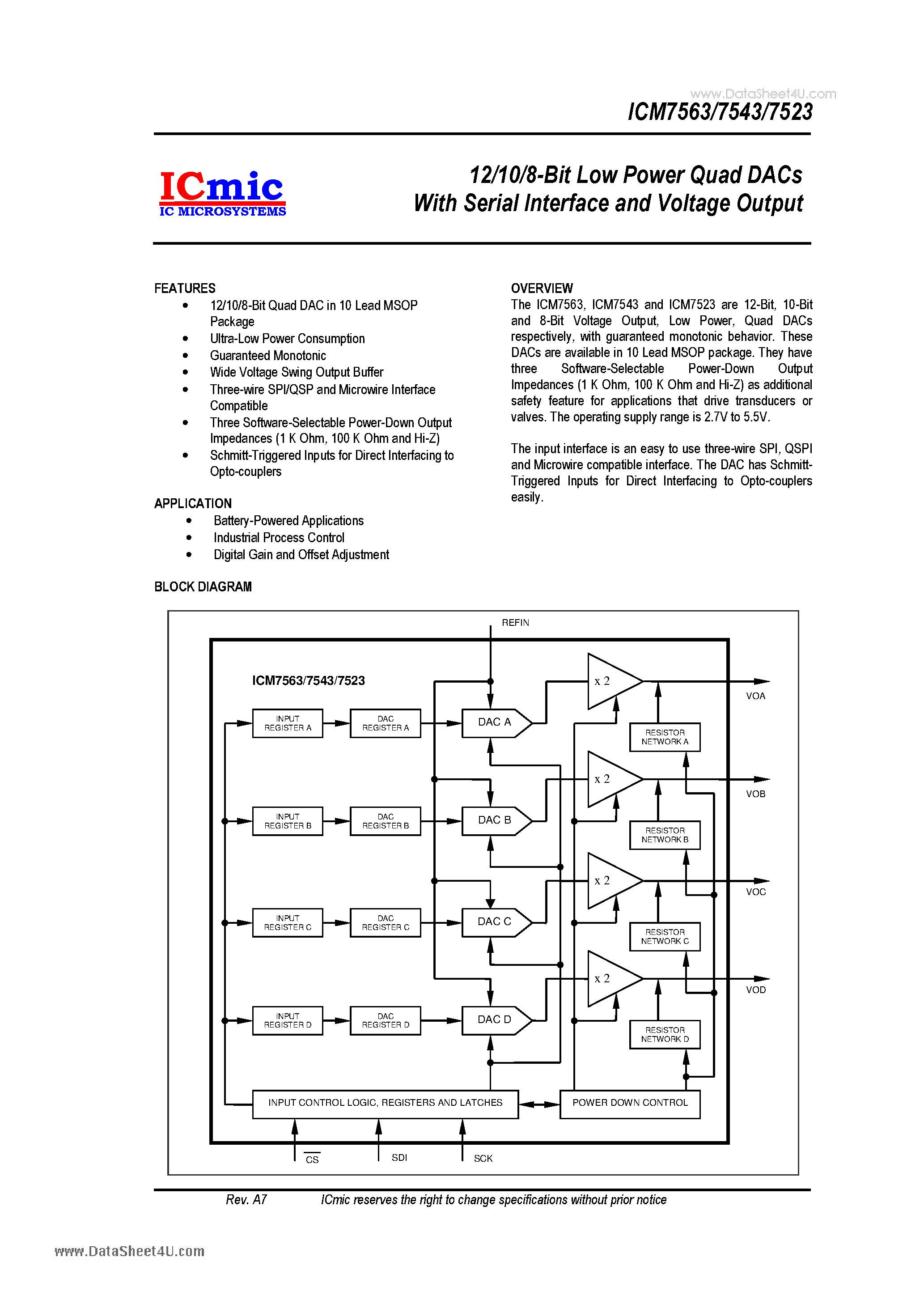 Datasheet ICM7523 page 1 Datasheet ICM7523 - (ICM7523 - ICM7563) 12/10/8-Bit Low Power Quad DACs page 1