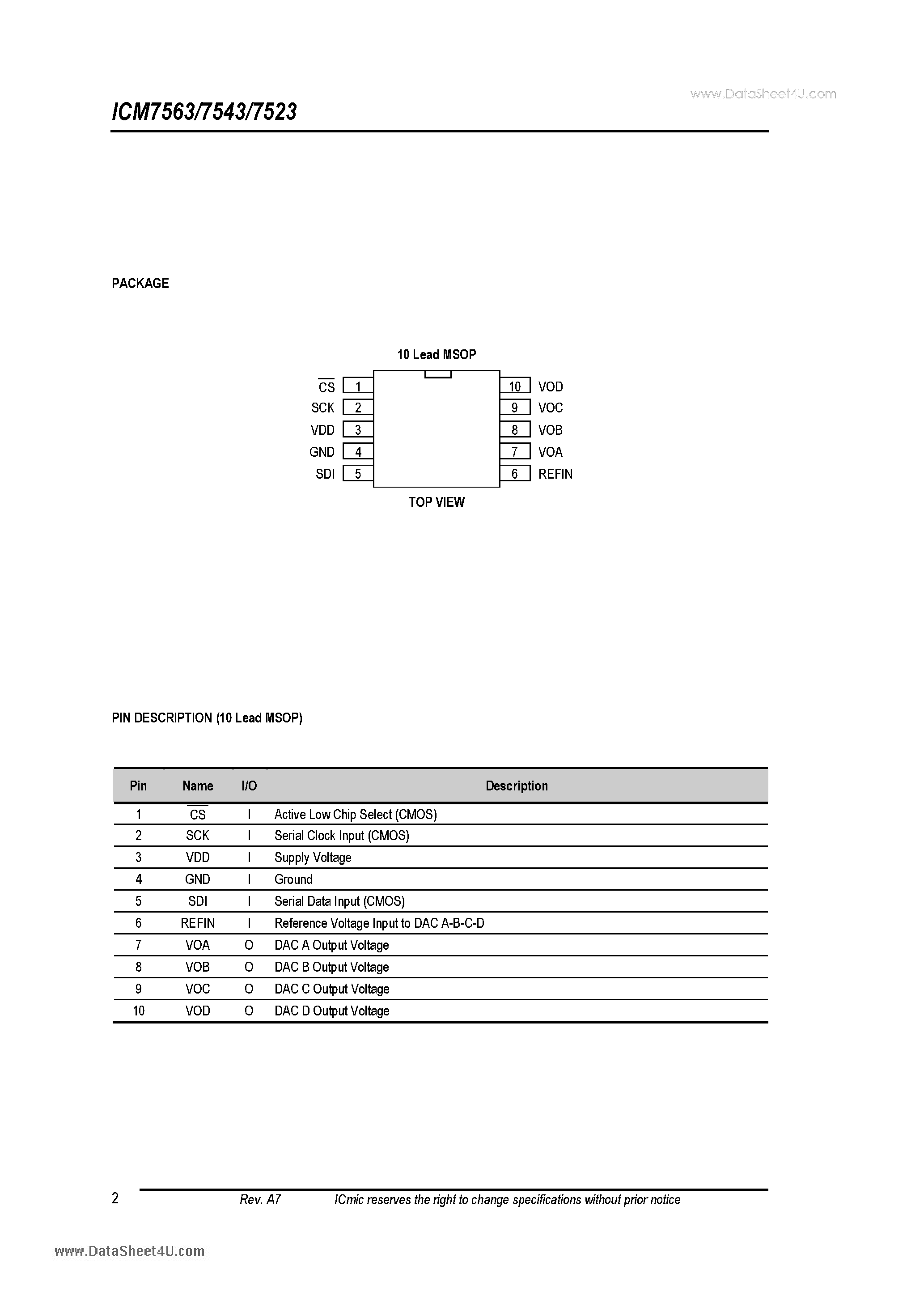 Datasheet ICM7523 page 2 Datasheet ICM7523 - (ICM7523 - ICM7563) 12/10/8-Bit Low Power Quad DACs page 2