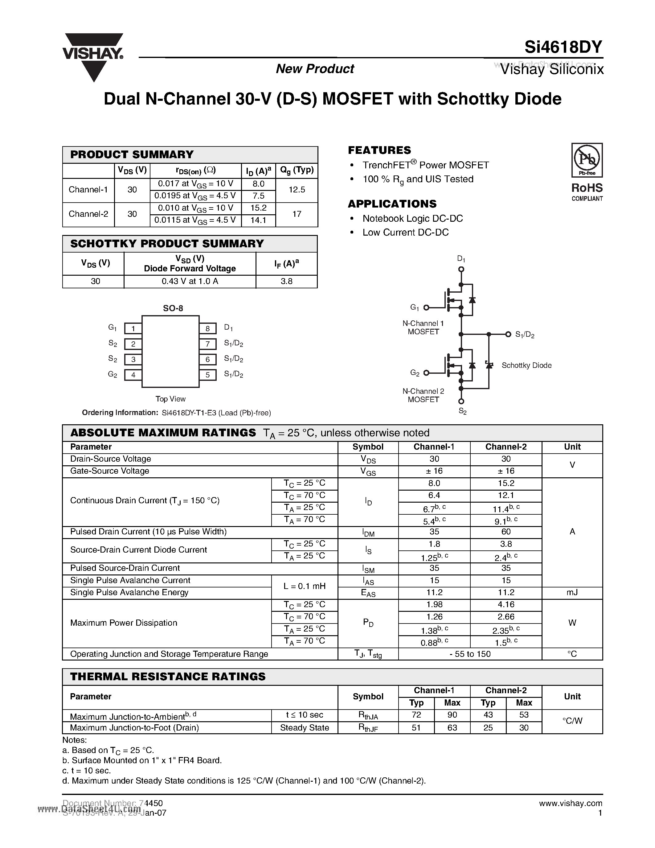 Даташит SI4618DY - Dual N-Channel 30-V (D-S) MOSFET страница 1