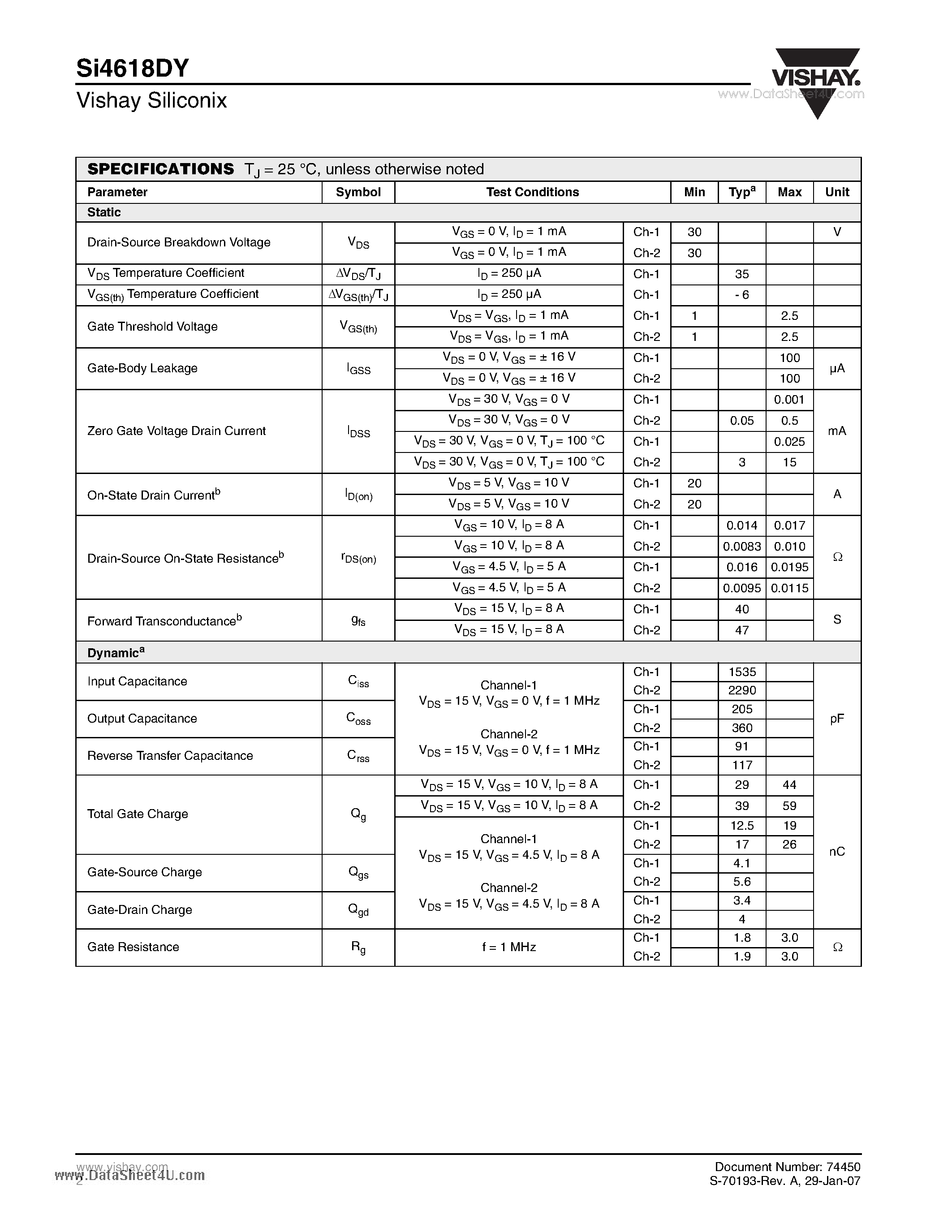 Даташит SI4618DY - Dual N-Channel 30-V (D-S) MOSFET страница 2