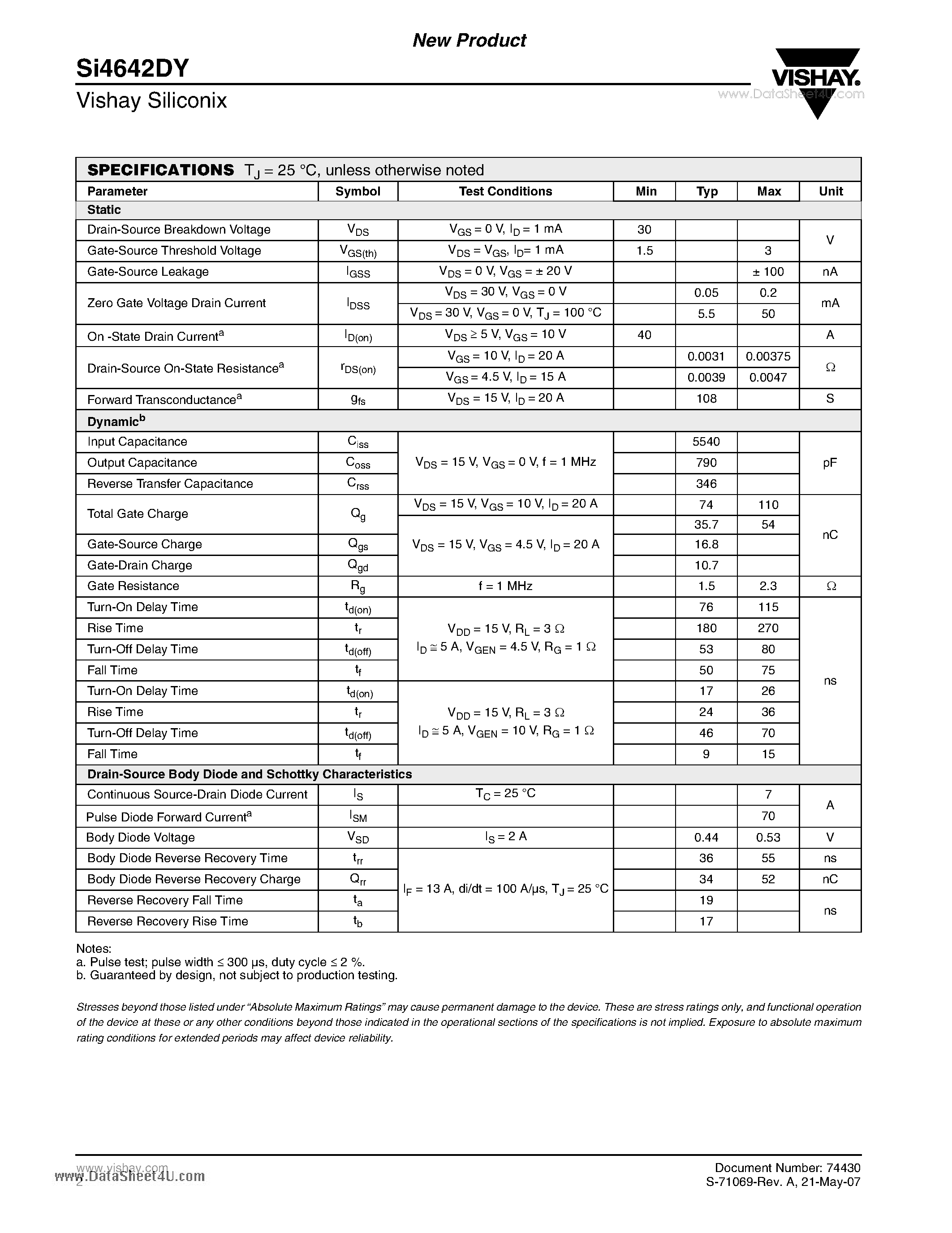 Даташит SI4642DY - N-Channel 30-V (D-S) MOSFET страница 2