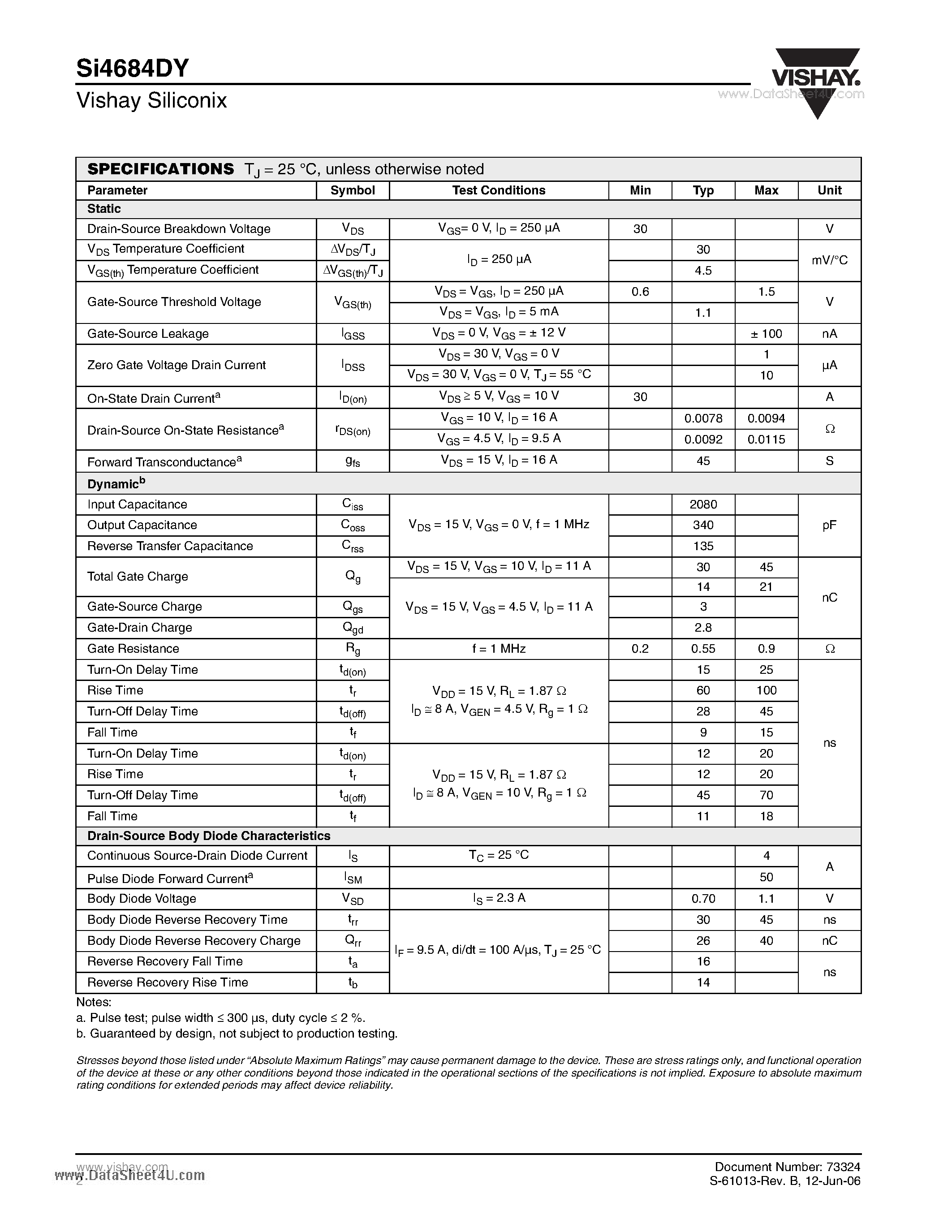 Даташит SI4684DY - N-Channel 30-V (D-S) MOSFET страница 2