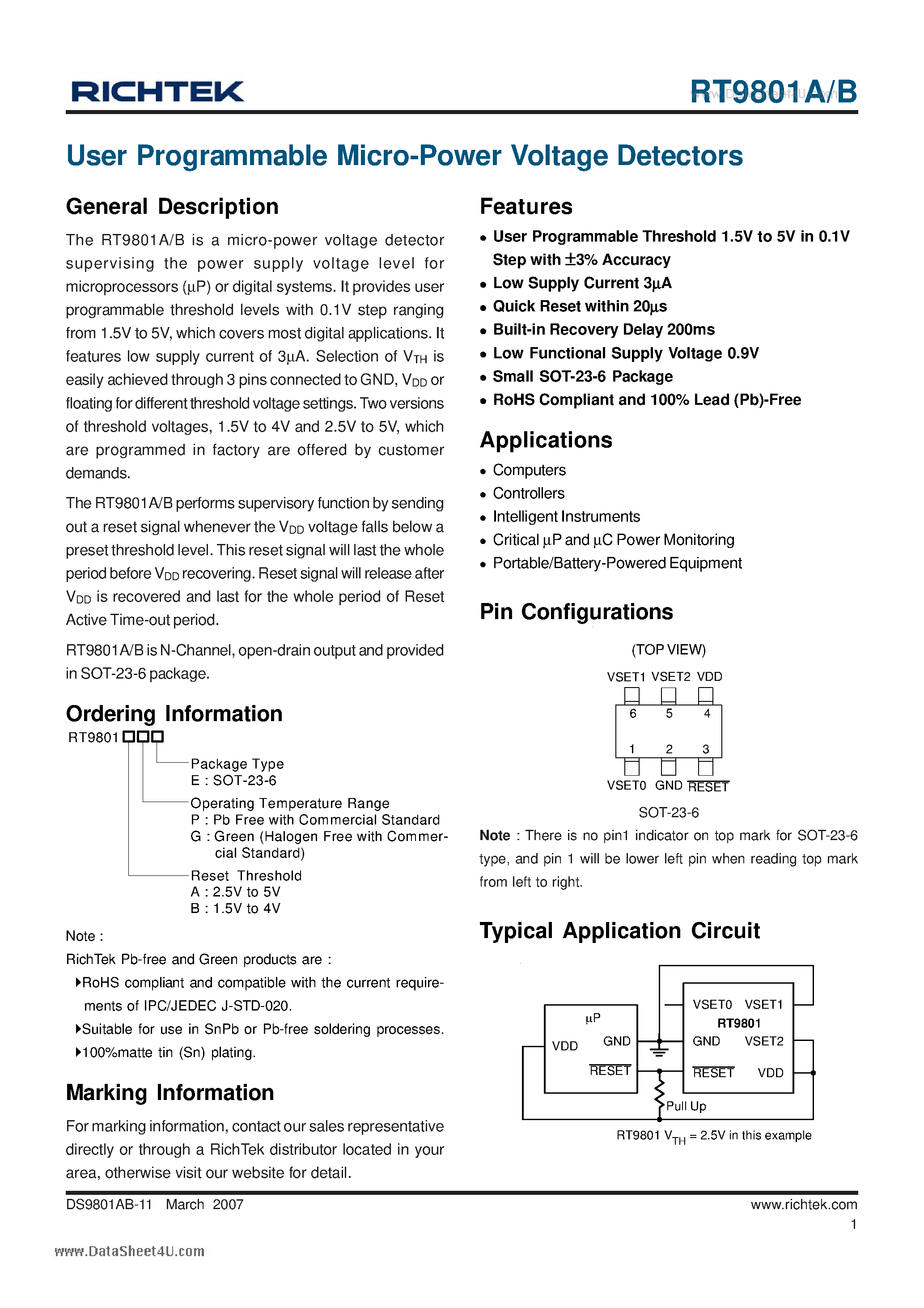 Datasheet RT9711A page 1 Datasheet RT9711A - 1.5A/0.6A High-Side Power Switches page 1