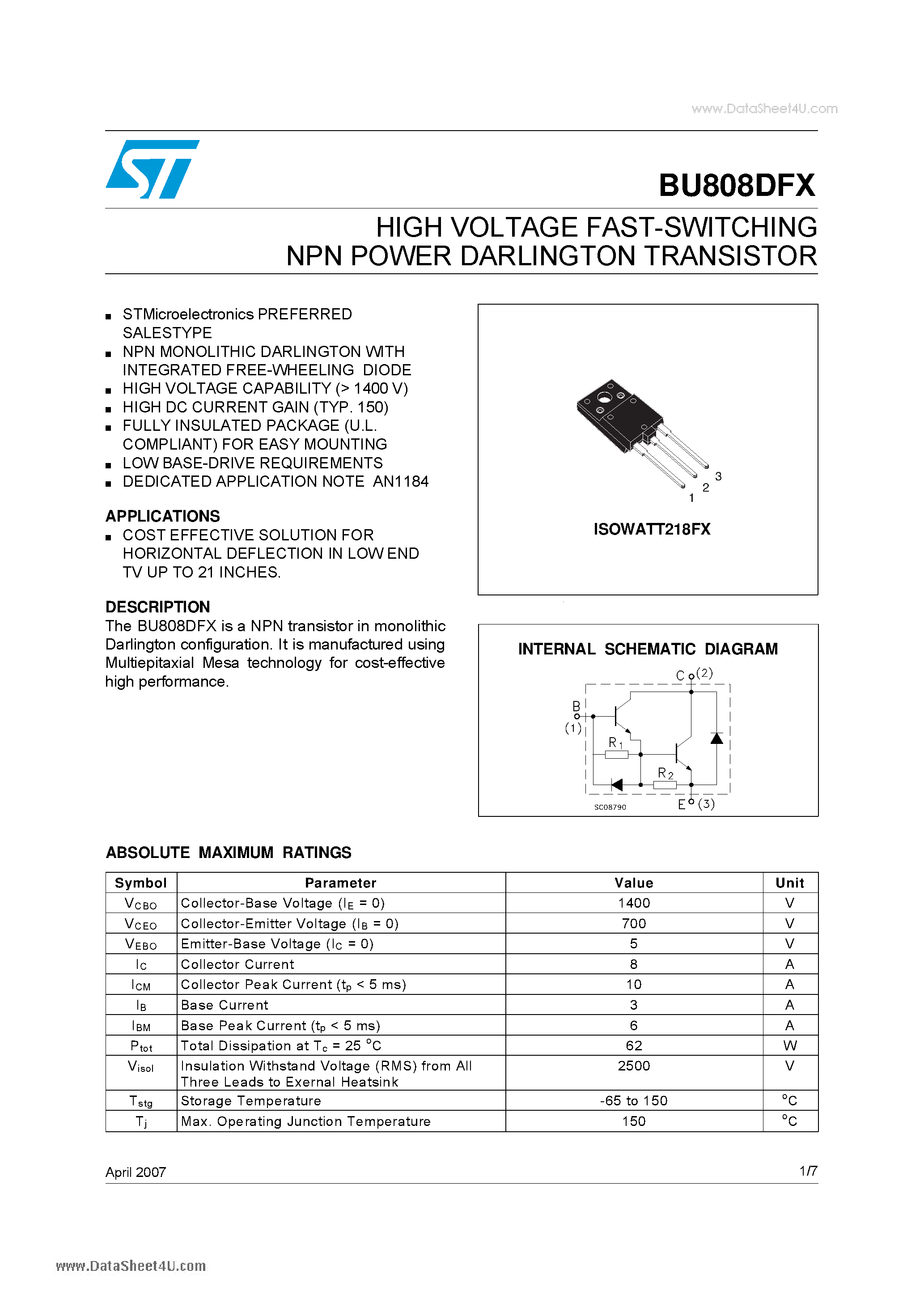 Datasheet BU808DFX - HIGH VOLTAGE FAST-SWITCHING NPN POWER DARLINGTON TRANSISTOR page 1