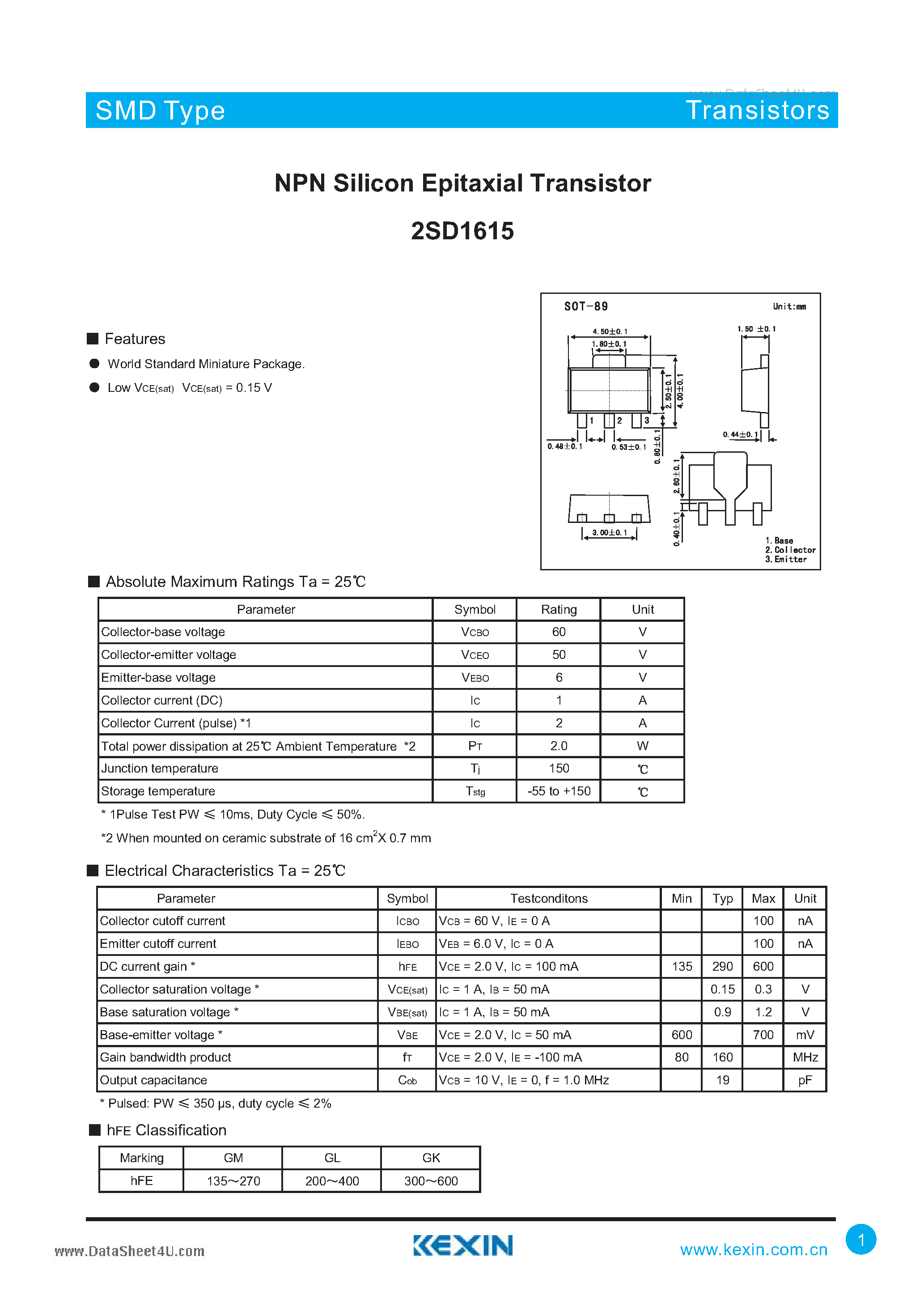 Datasheet 2SD1615 - NPN Silicon Epitaxial Transistor page 1