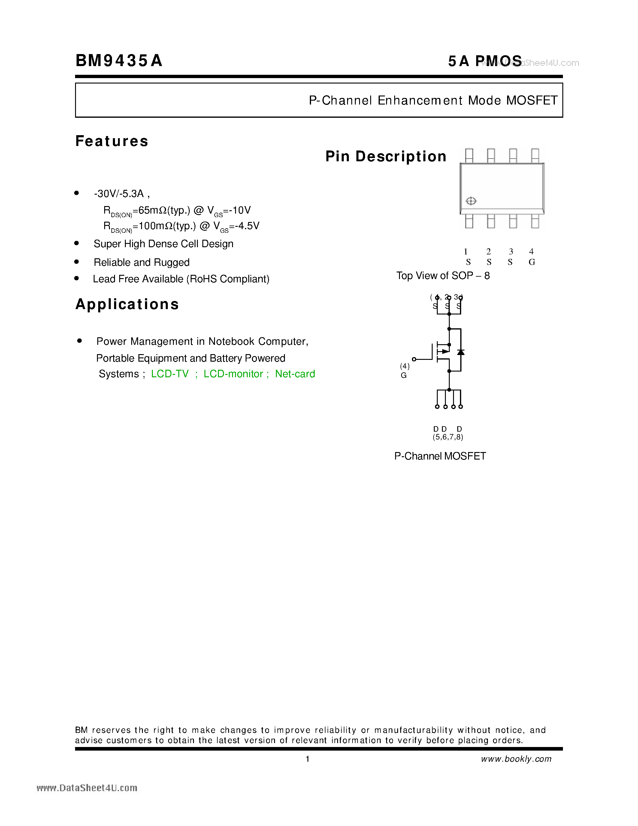 Datasheet BM9435A - P-Channel Enhancement Mode MOSFET page 1