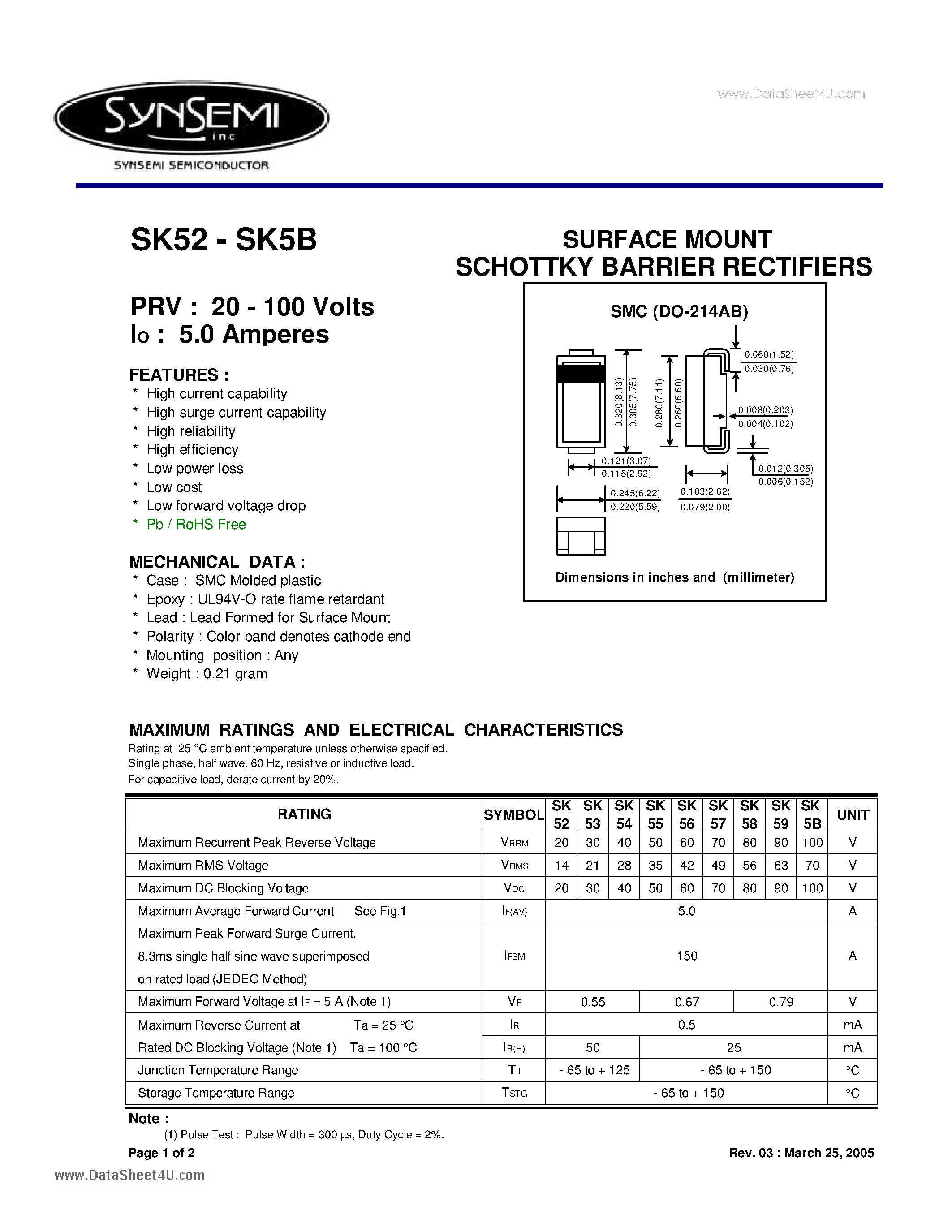 Datasheet SK52 - (SK52 - SK5B) SURFACE MOUNT SCHOTTKY BARRIER RECTIFIERS page 1