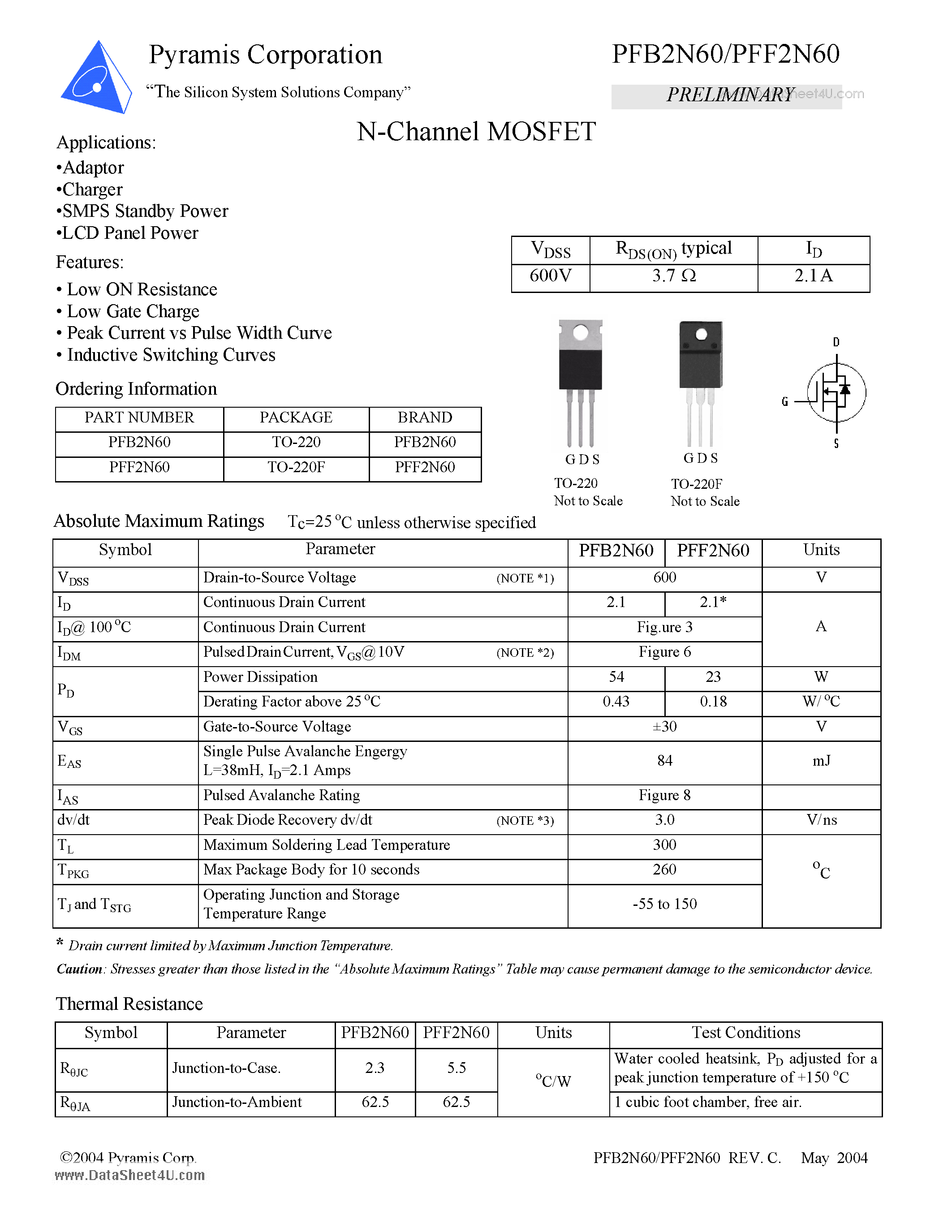 Datasheet PFB2N60 - N-Channel MOSFET page 1