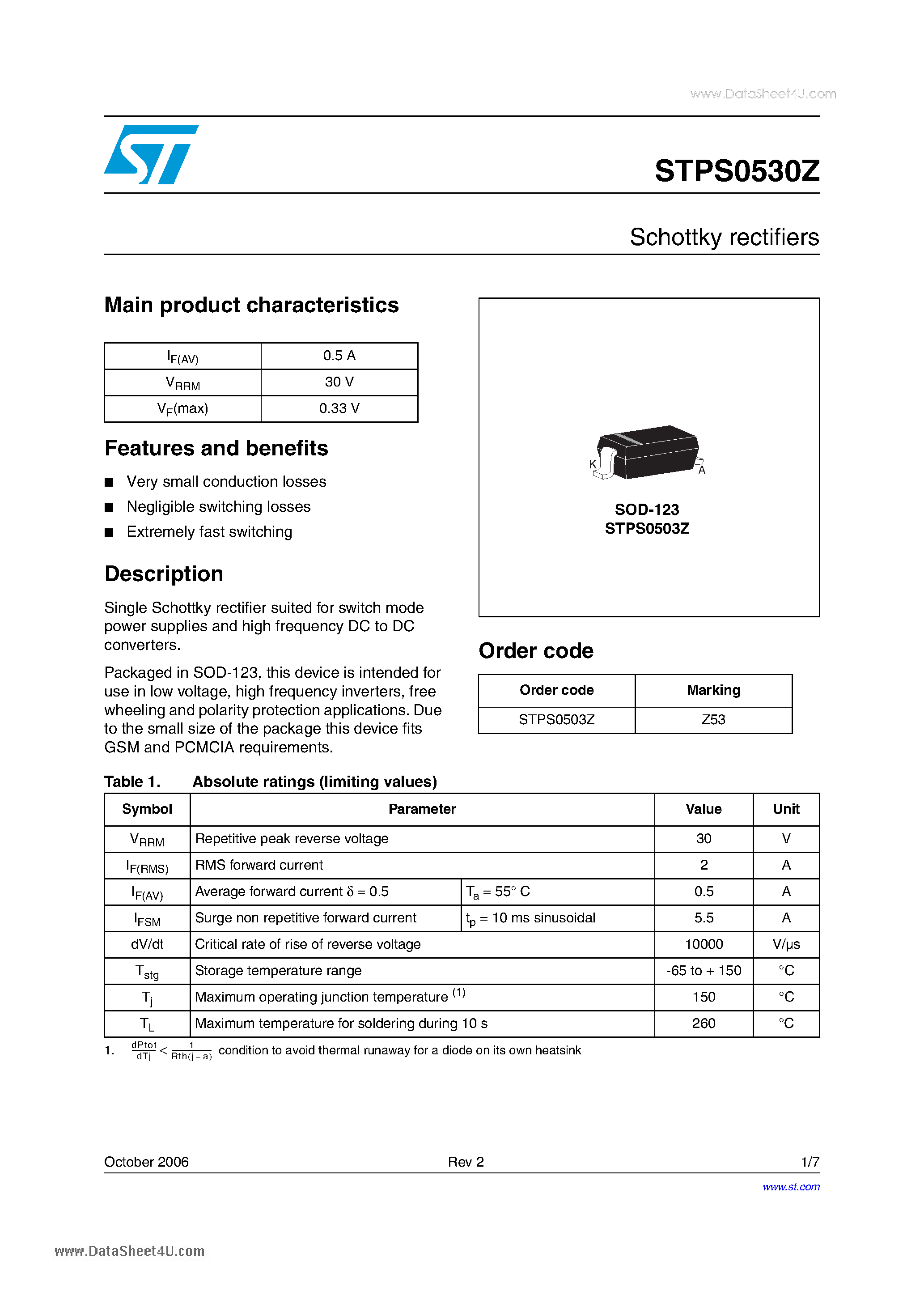 Datasheet STPS0503Z page 1 Datasheet STPS0503Z - Schottky rectifiers page 1