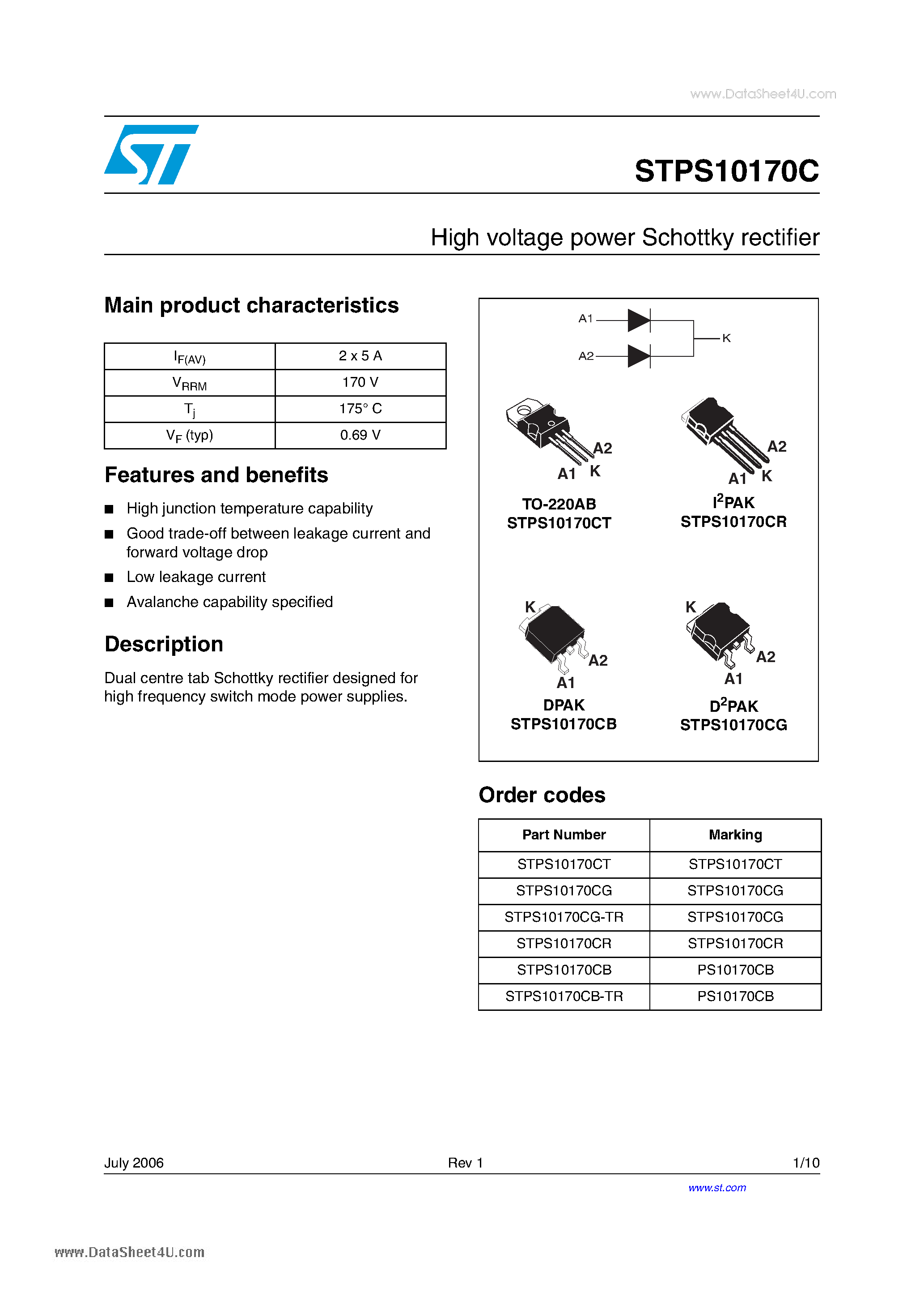 Datasheet STPS10170C page 1 Datasheet STPS10170C - High voltage power Schottky rectifier page 1
