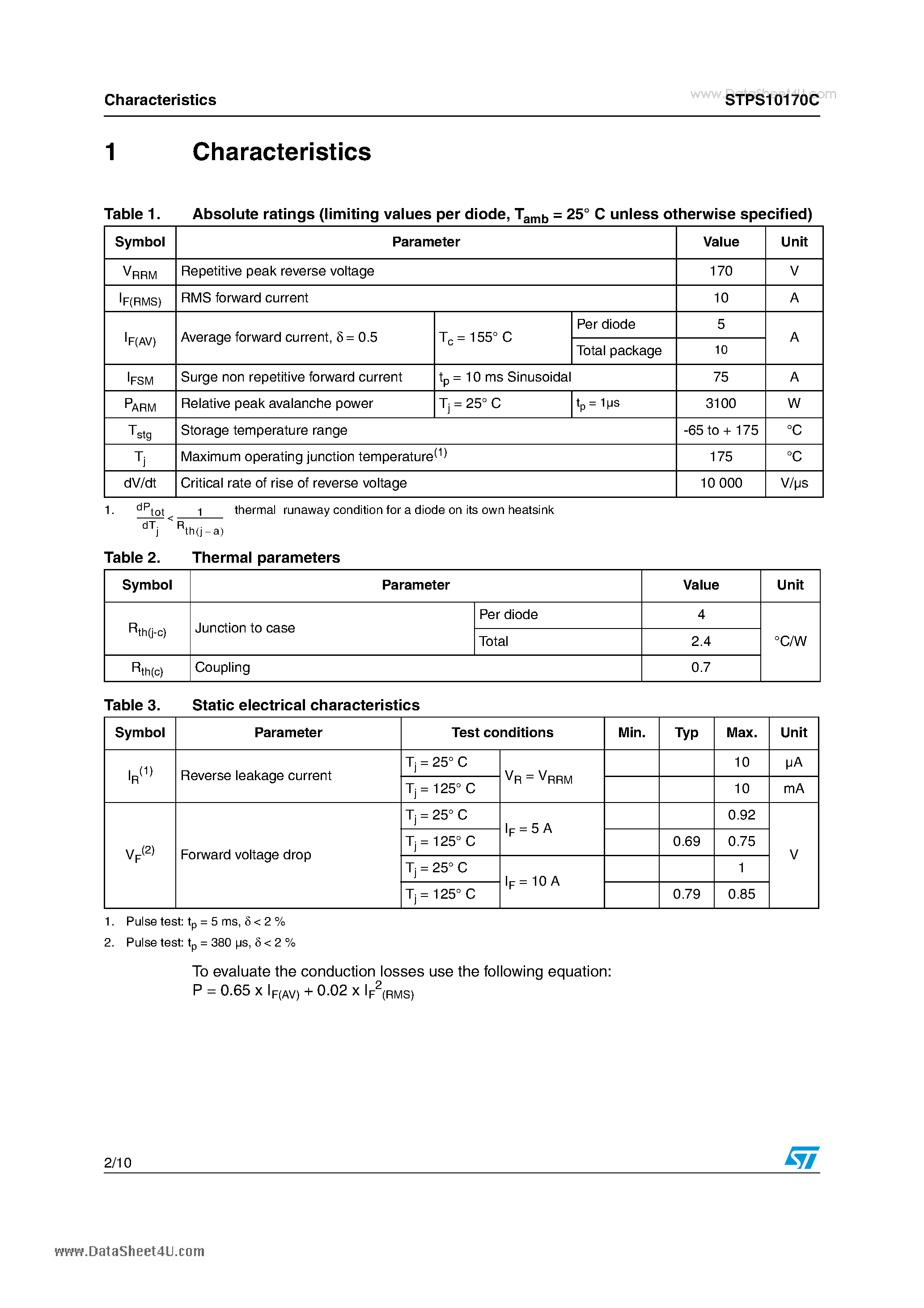 Datasheet STPS10170C page 2 Datasheet STPS10170C - High voltage power Schottky rectifier page 2