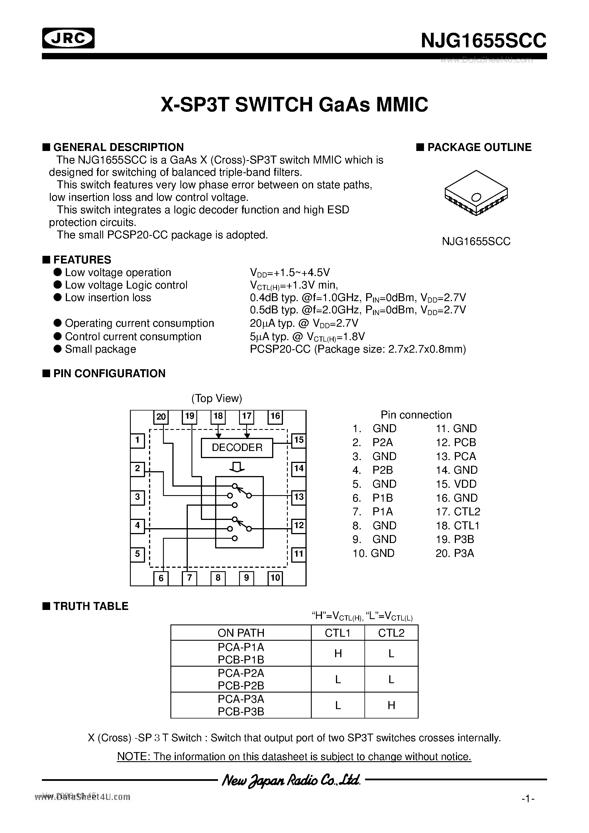 Datasheet NJG1655SCC - X-SP3T SWITCH GaAs MMIC page 1