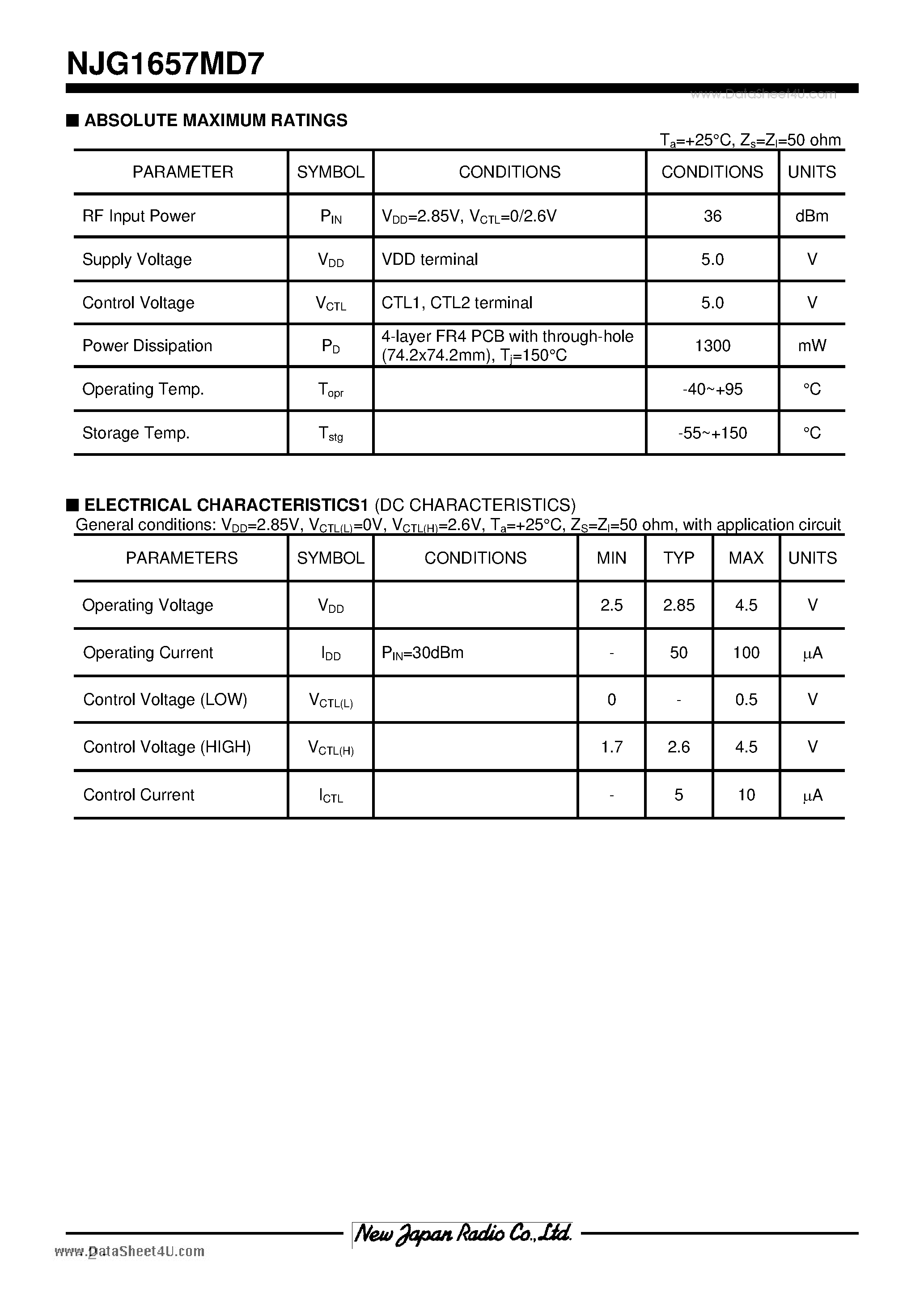 Datasheet NJG1657MD7 page 2 Datasheet NJG1657MD7 - DPDT SWITCH GaAs MMIC page 2
