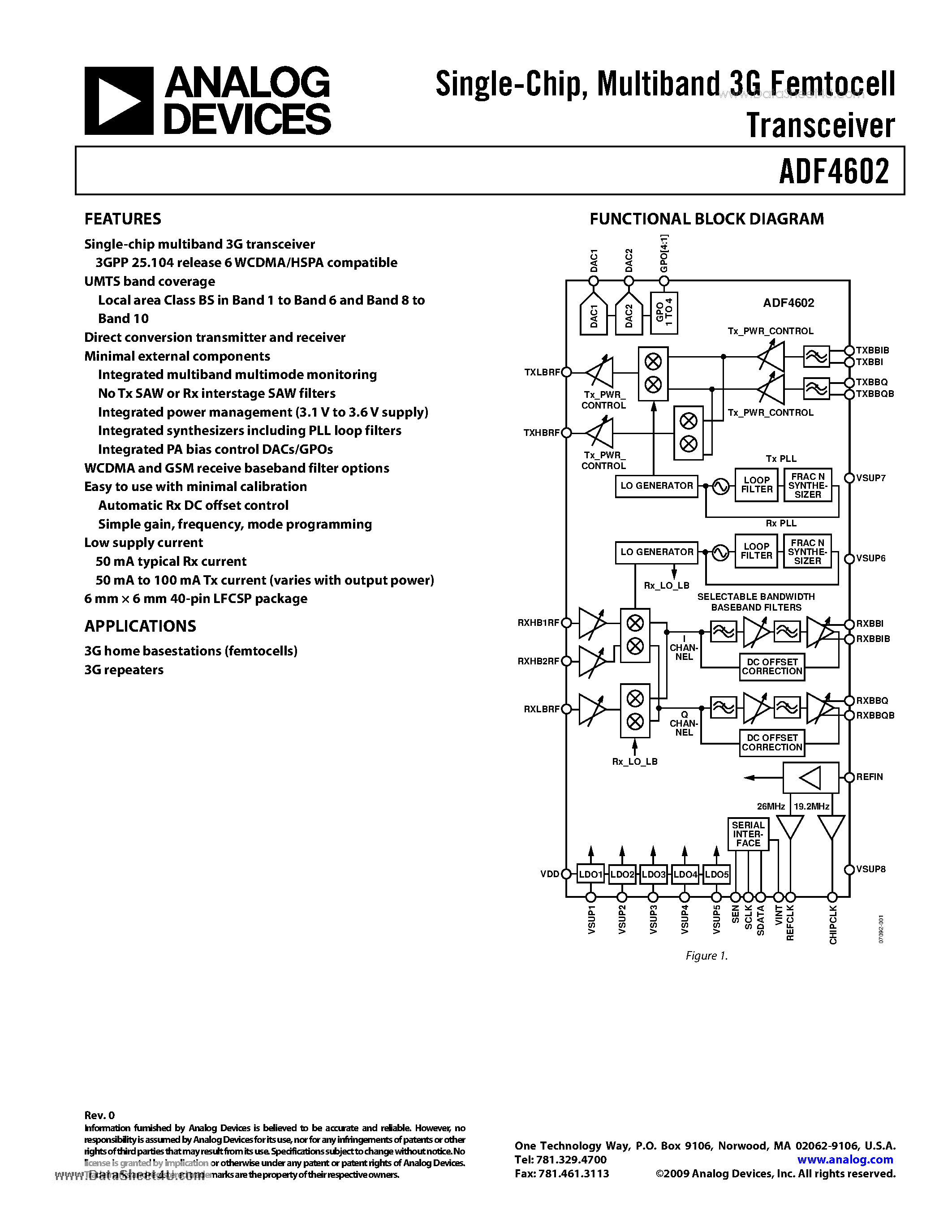 Даташит на микросхему ADF4602 страница 1 Даташит ADF4602 - Multiband 3G Femtocell Transceiver страница 1