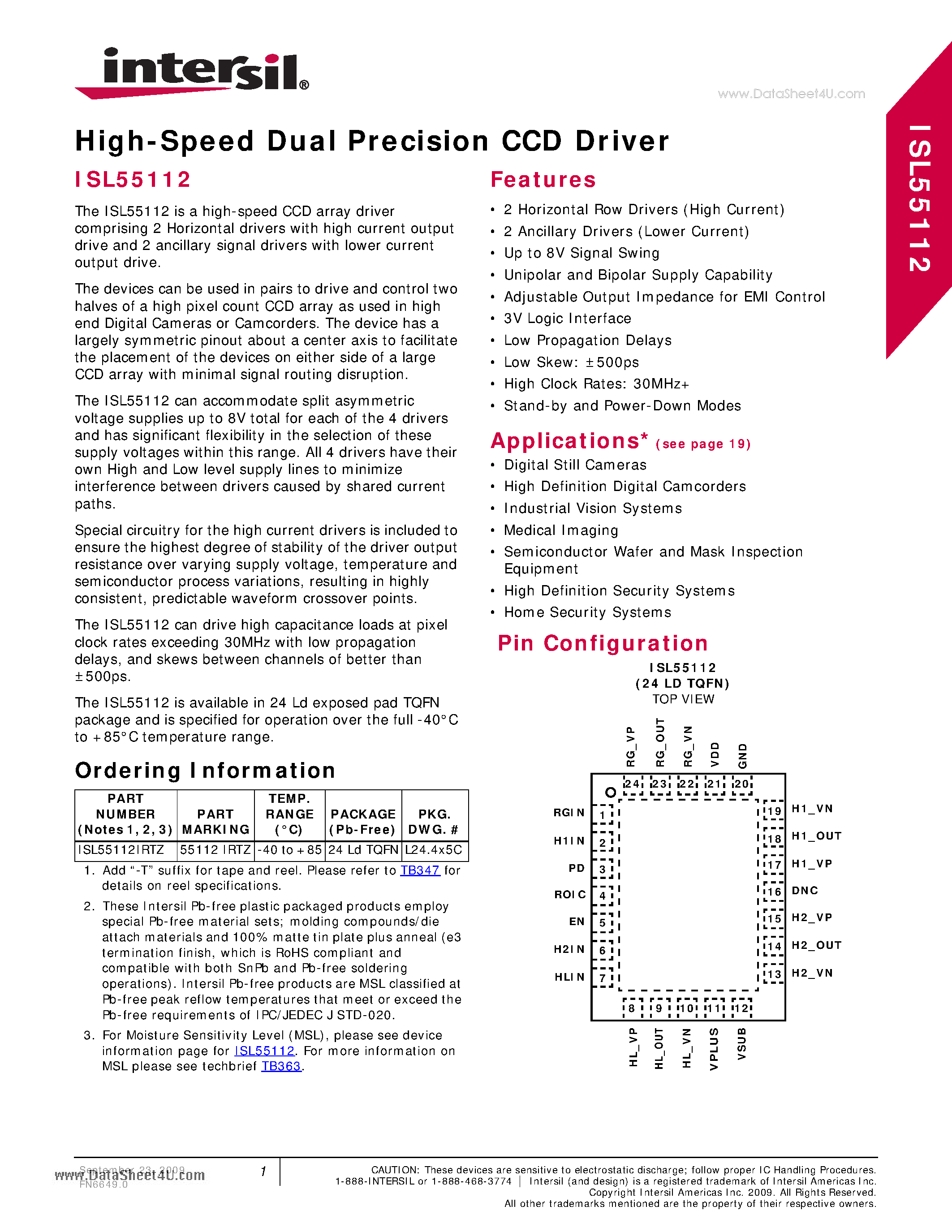 Datasheet ISL55112 - High-Speed Dual Precision CCD Driver page 1