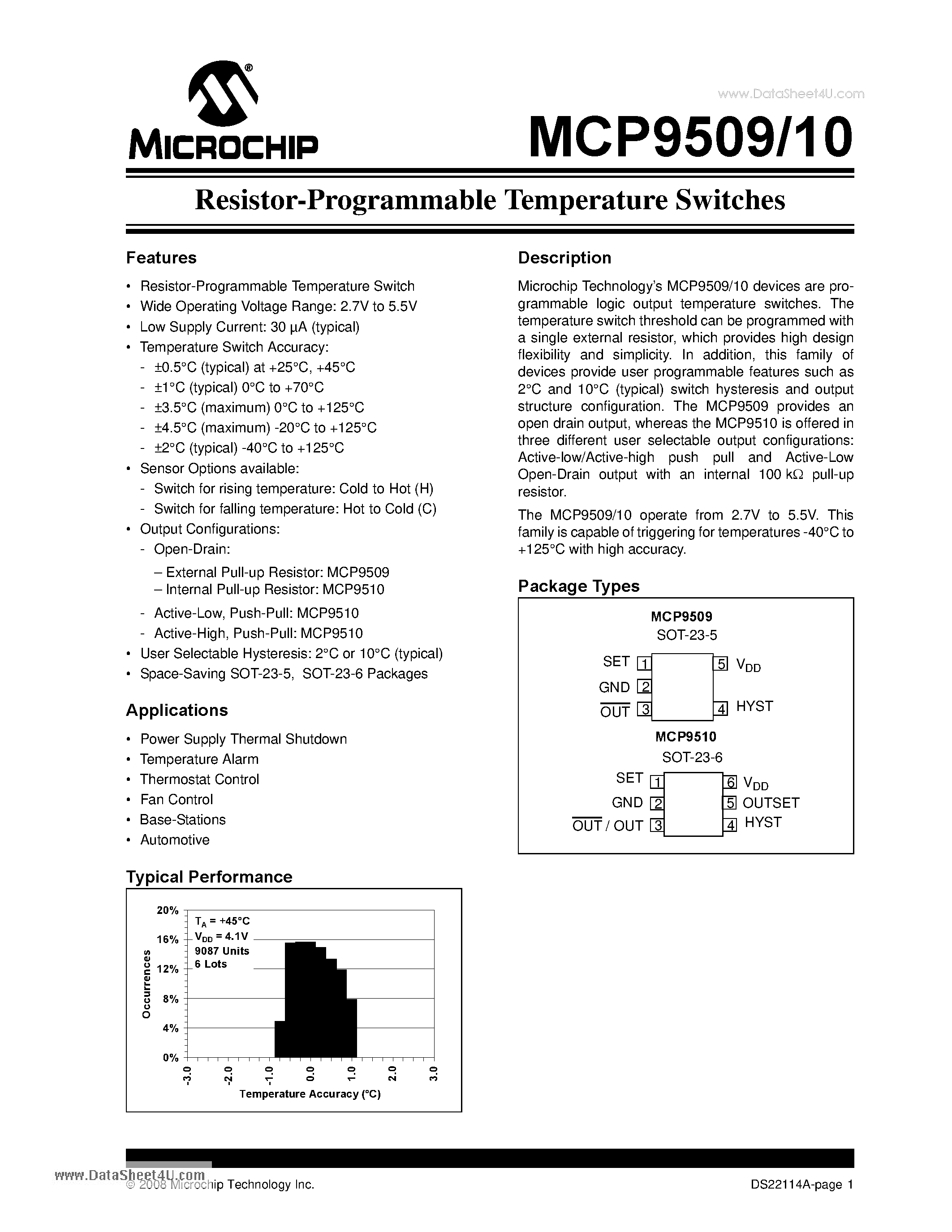 Даташит на микросхему MCP9509 страница 1 Даташит MCP9509 - (MCP9509 / MCP9510) Resistor-Programmable Temperature Switches страница 1