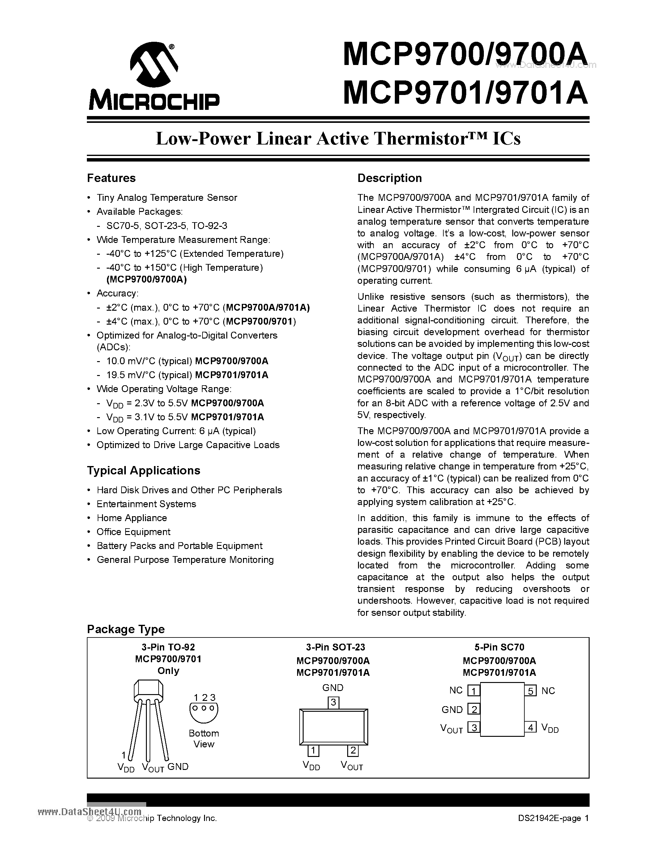 Даташит MCP9700A - (MCP9700A / MCP9701A) Low-Power Linear Active Thermistor ICs страница 1