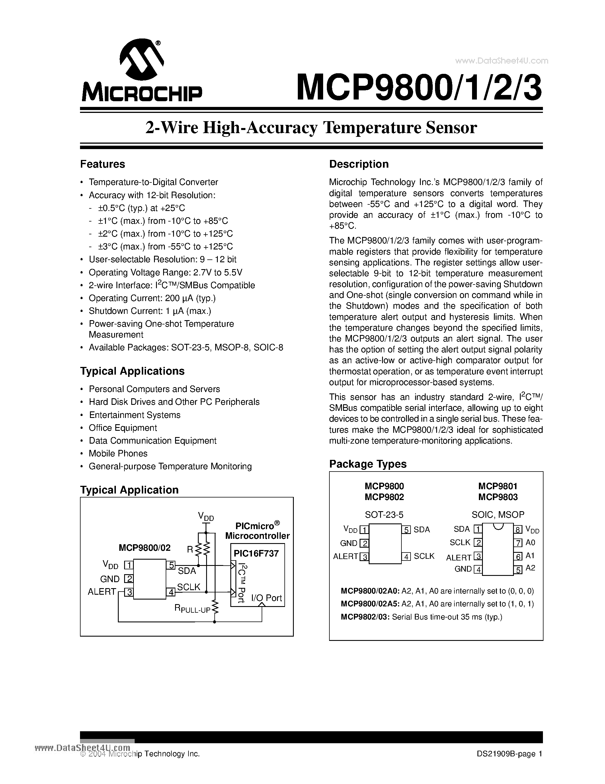 Datasheet MCP9800 - (MCP9800 - MCP9803) 2-Wire High-Accuracy Temperature Sensor page 1