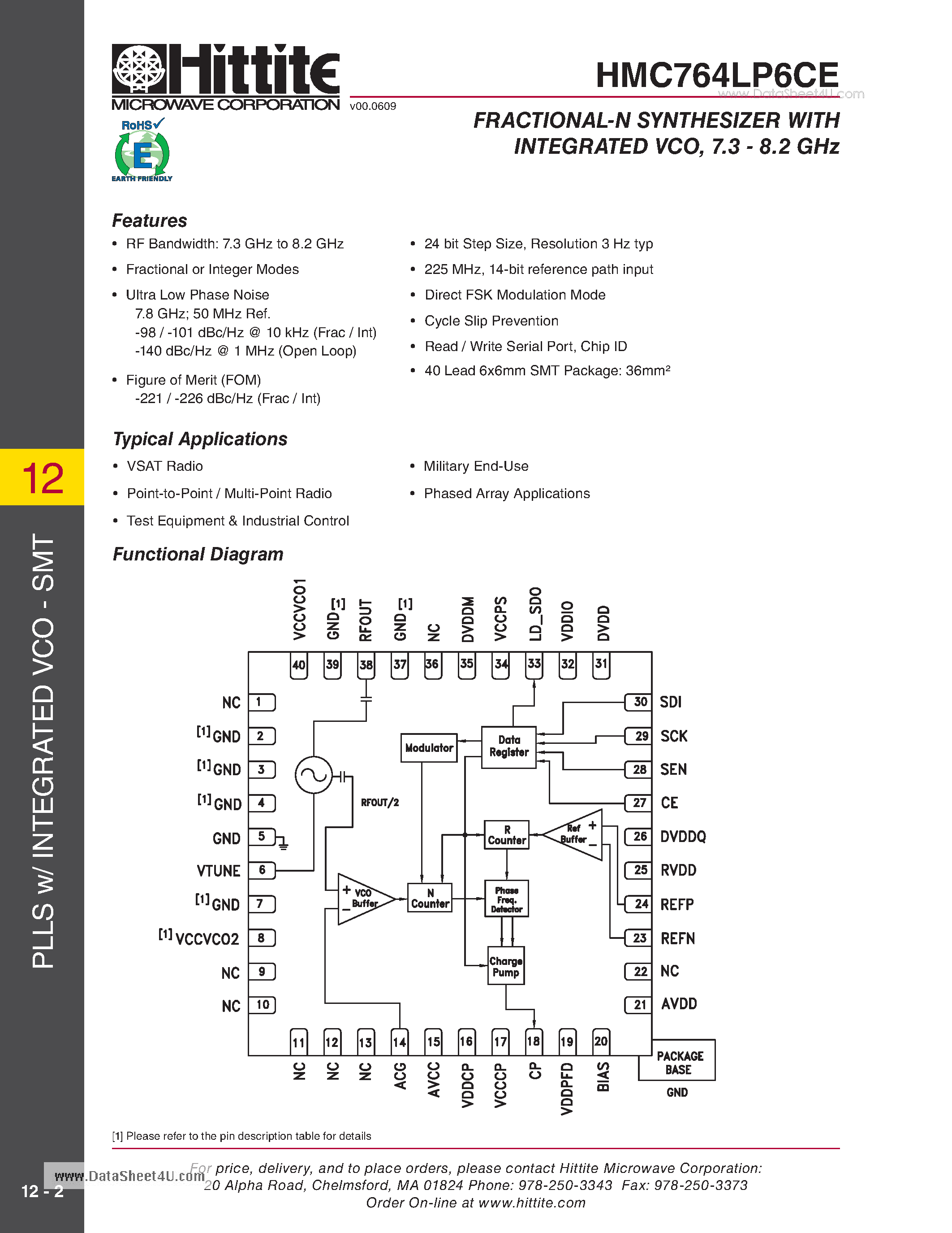Datasheet HMC764LP6CE - FRACTIONAL-N SYNTHESIZER page 1