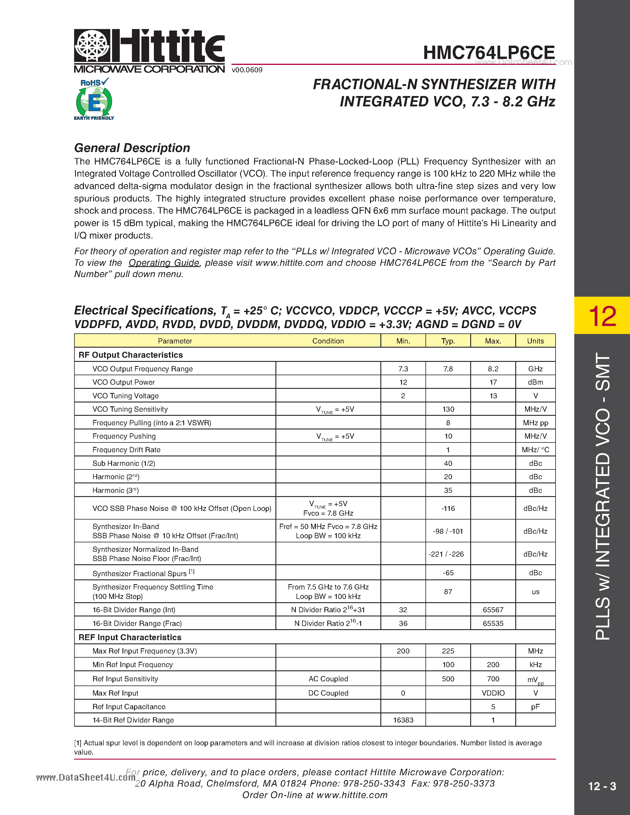 Datasheet HMC764LP6CE - FRACTIONAL-N SYNTHESIZER page 2