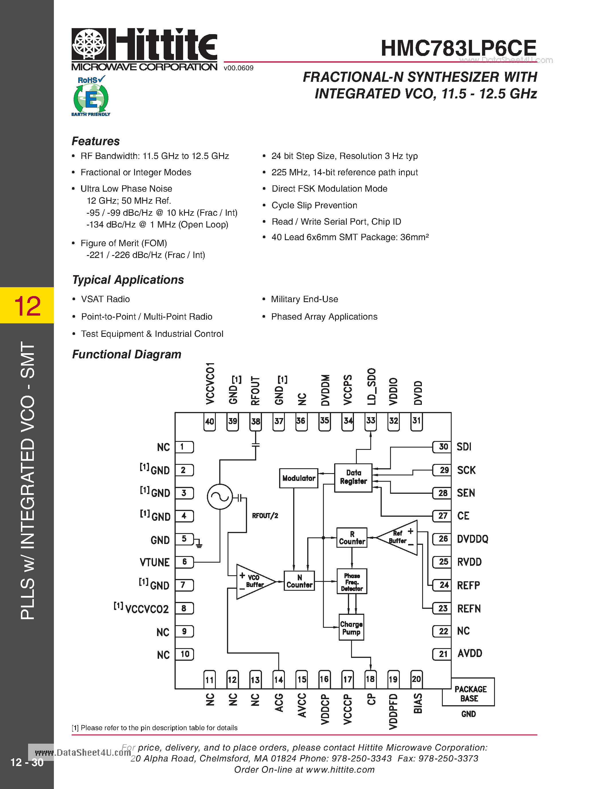 Datasheet HMC783LP6CE page 1 Datasheet HMC783LP6CE - FRACTIONAL-N SYNTHESIZER page 1
