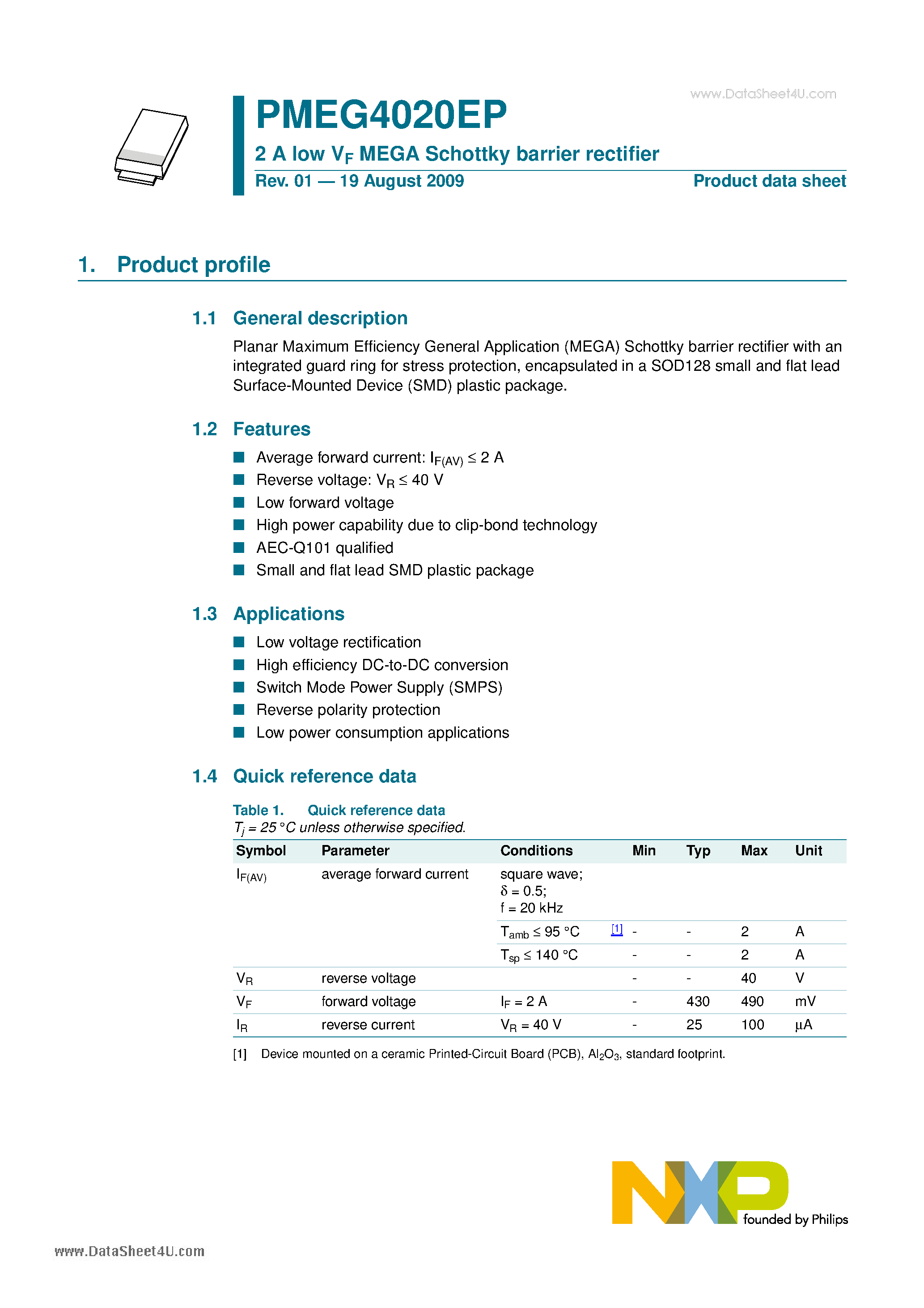 Даташит PMEG4020EP - 2A Low Vf MEGA Schottky Barrier Rectifier страница 1