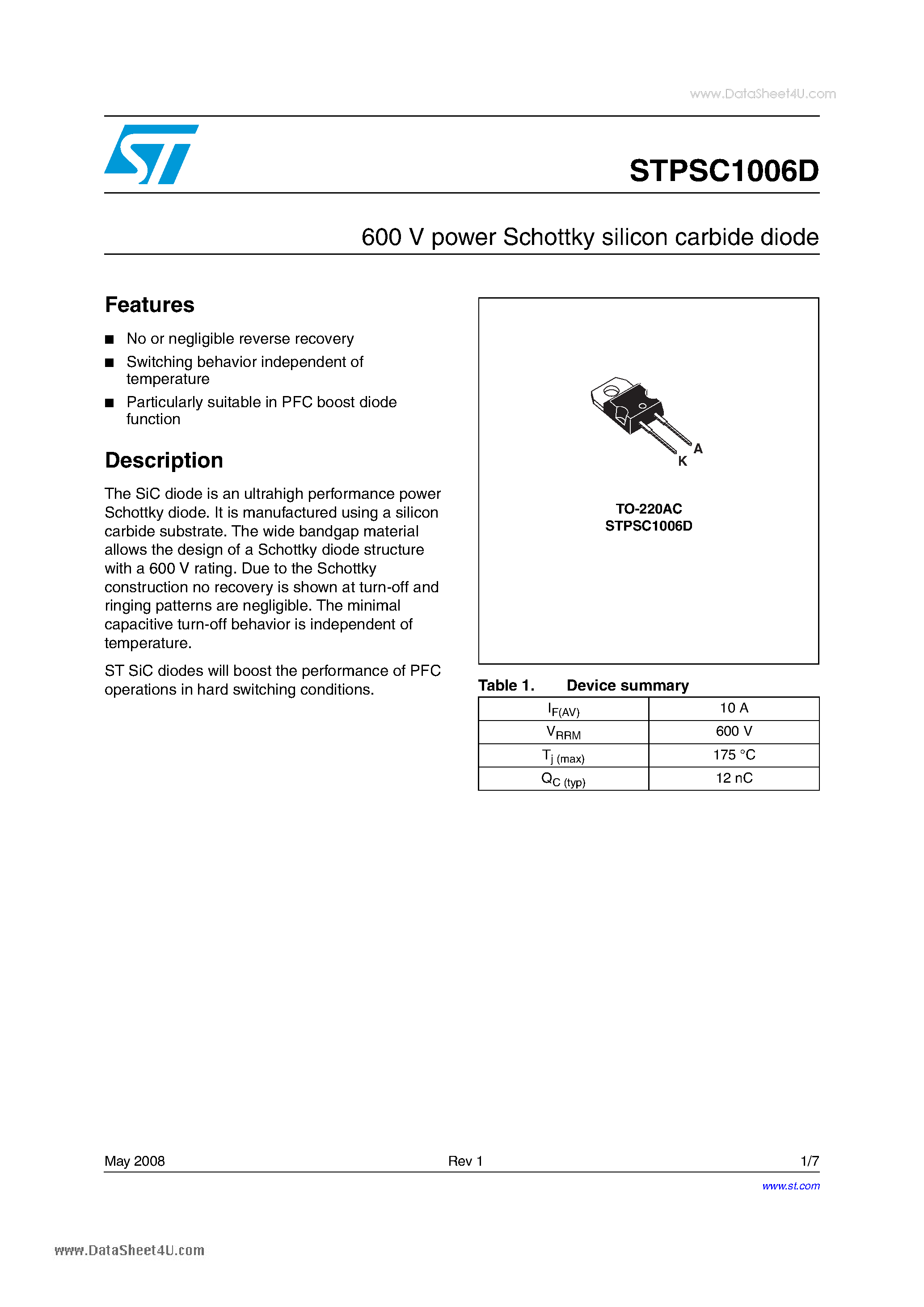 Даташит STPSC1006D - 600 V power Schottky silicon carbide diode страница 1