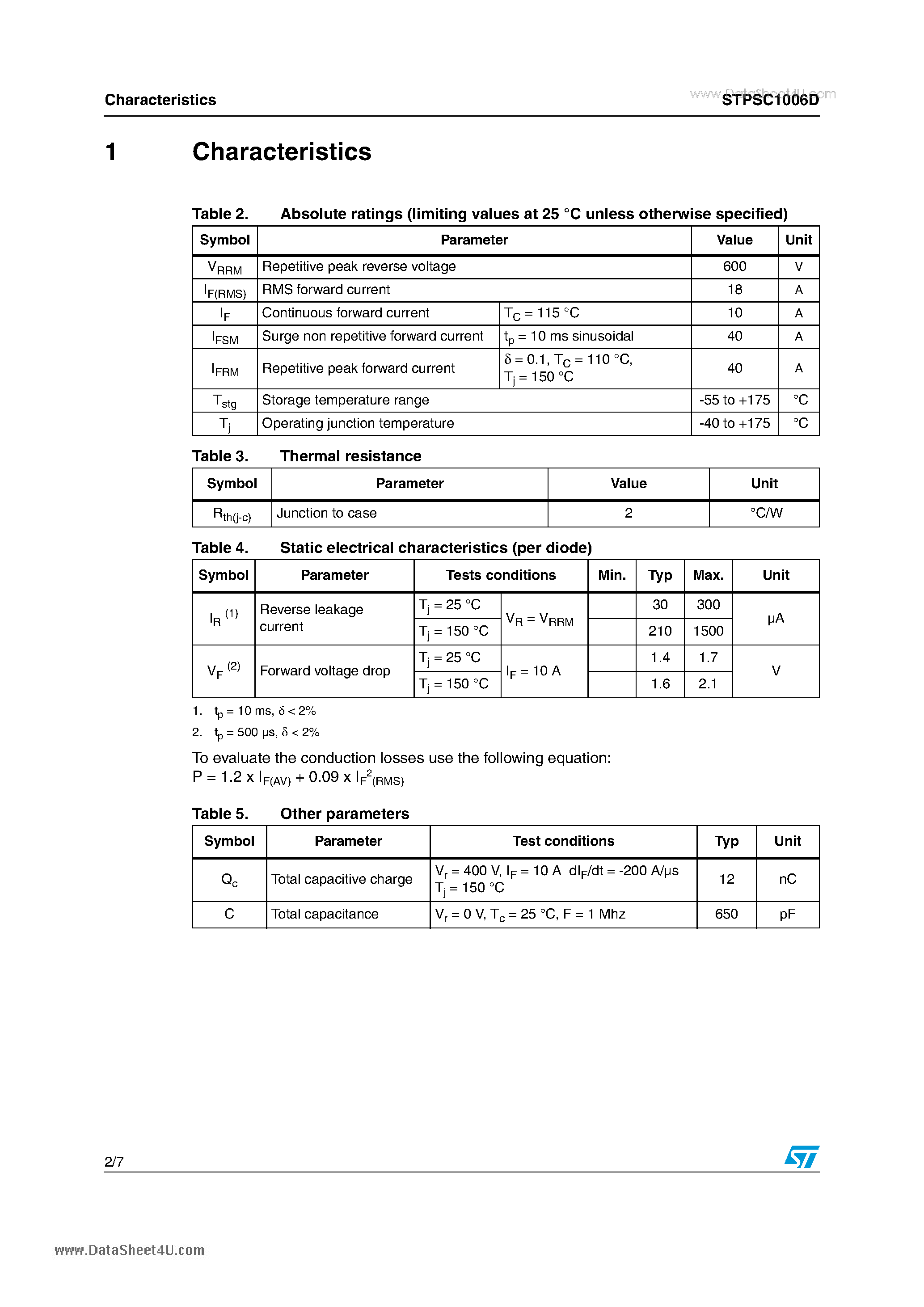 Даташит STPSC1006D - 600 V power Schottky silicon carbide diode страница 2