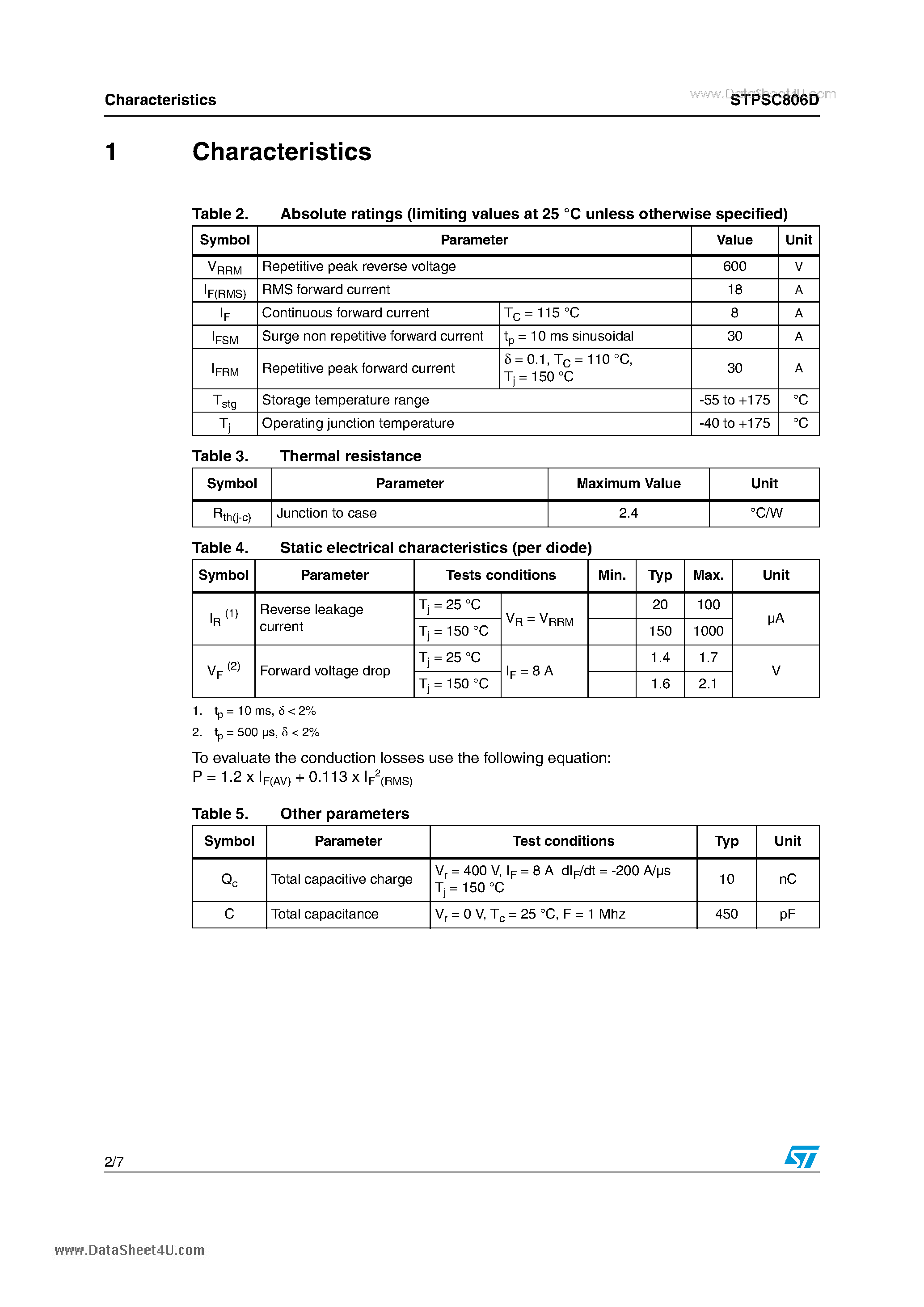 Datasheet STPSC806D - 600 V power Schottky silicon carbide diode page 2