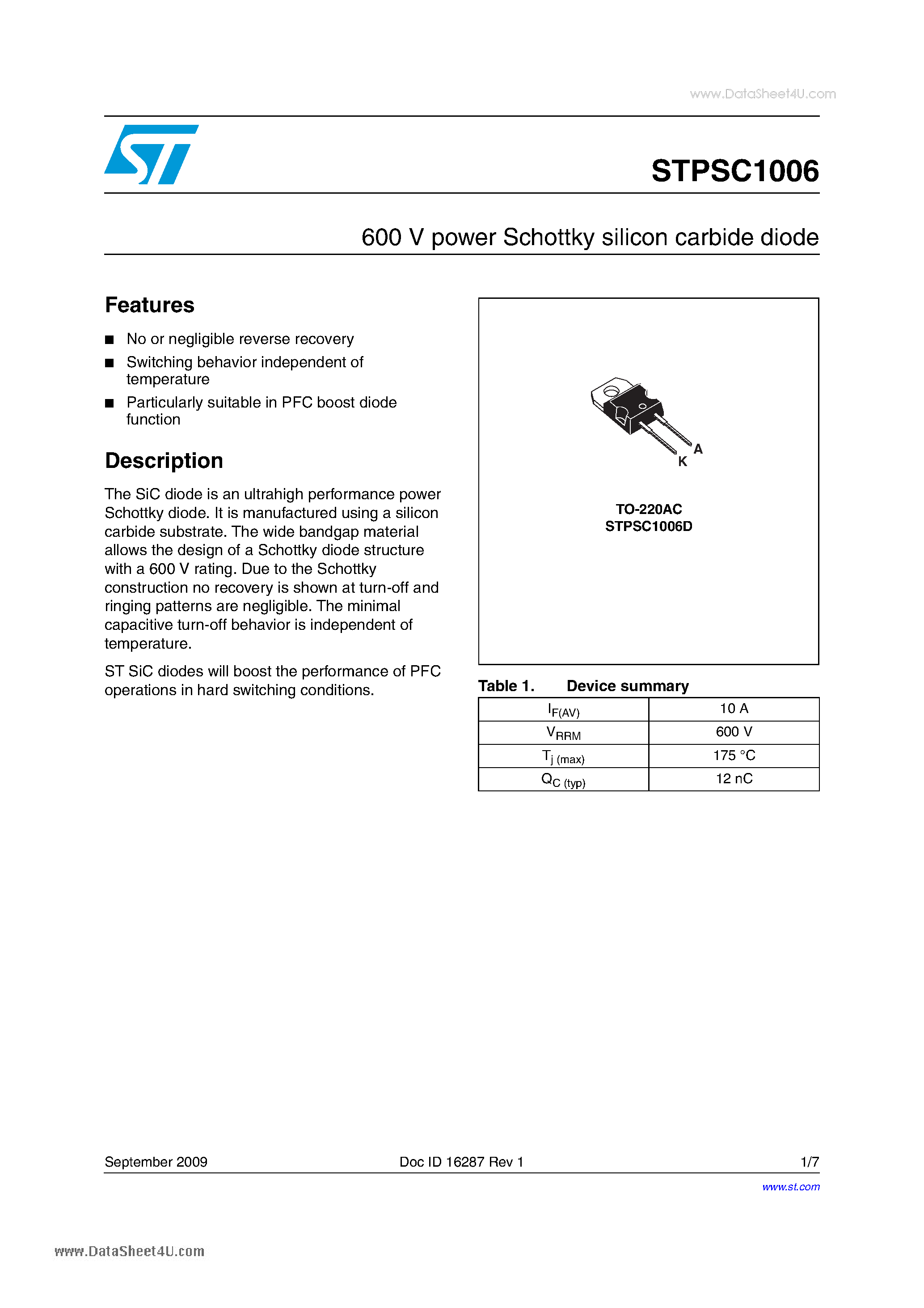Даташит STPSC1006 - Schottky Barrier 600 V power Schottky silicon carbide diode страница 1