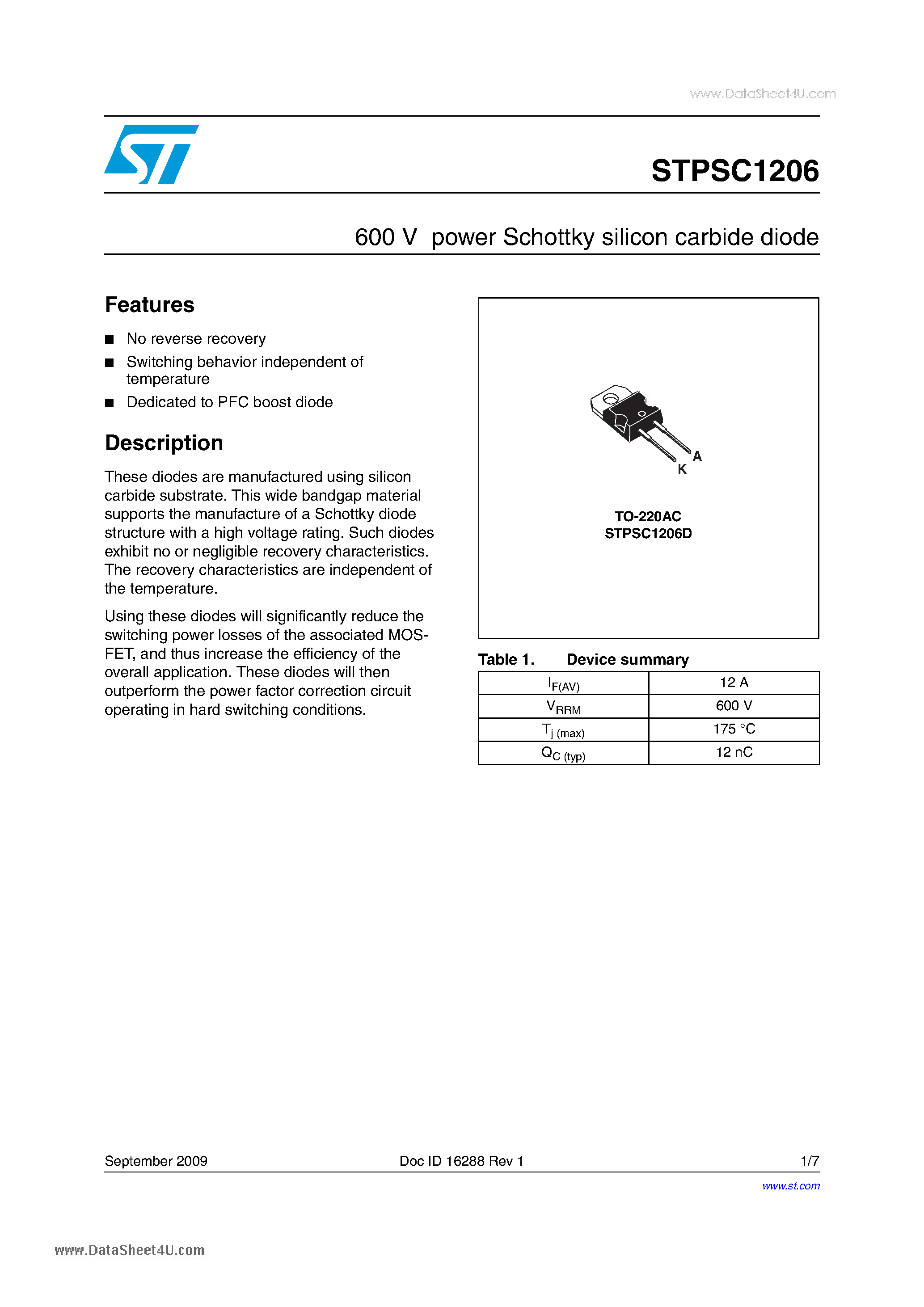 Даташит STPSC1206 - Schottky Barrier 600 V power Schottky silicon carbide diode страница 1