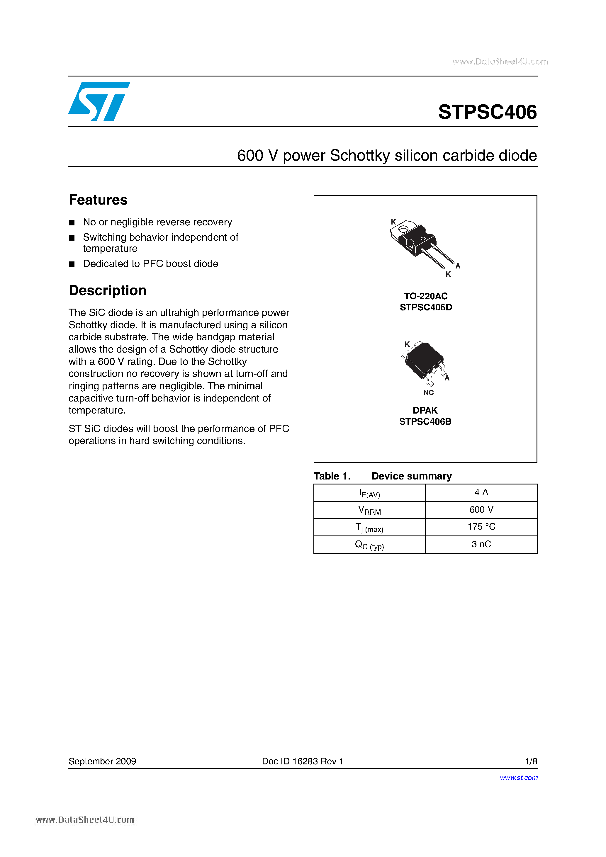 Даташит STPSC406 - Schottky Barrier 600 V power Schottky silicon carbide diode страница 1