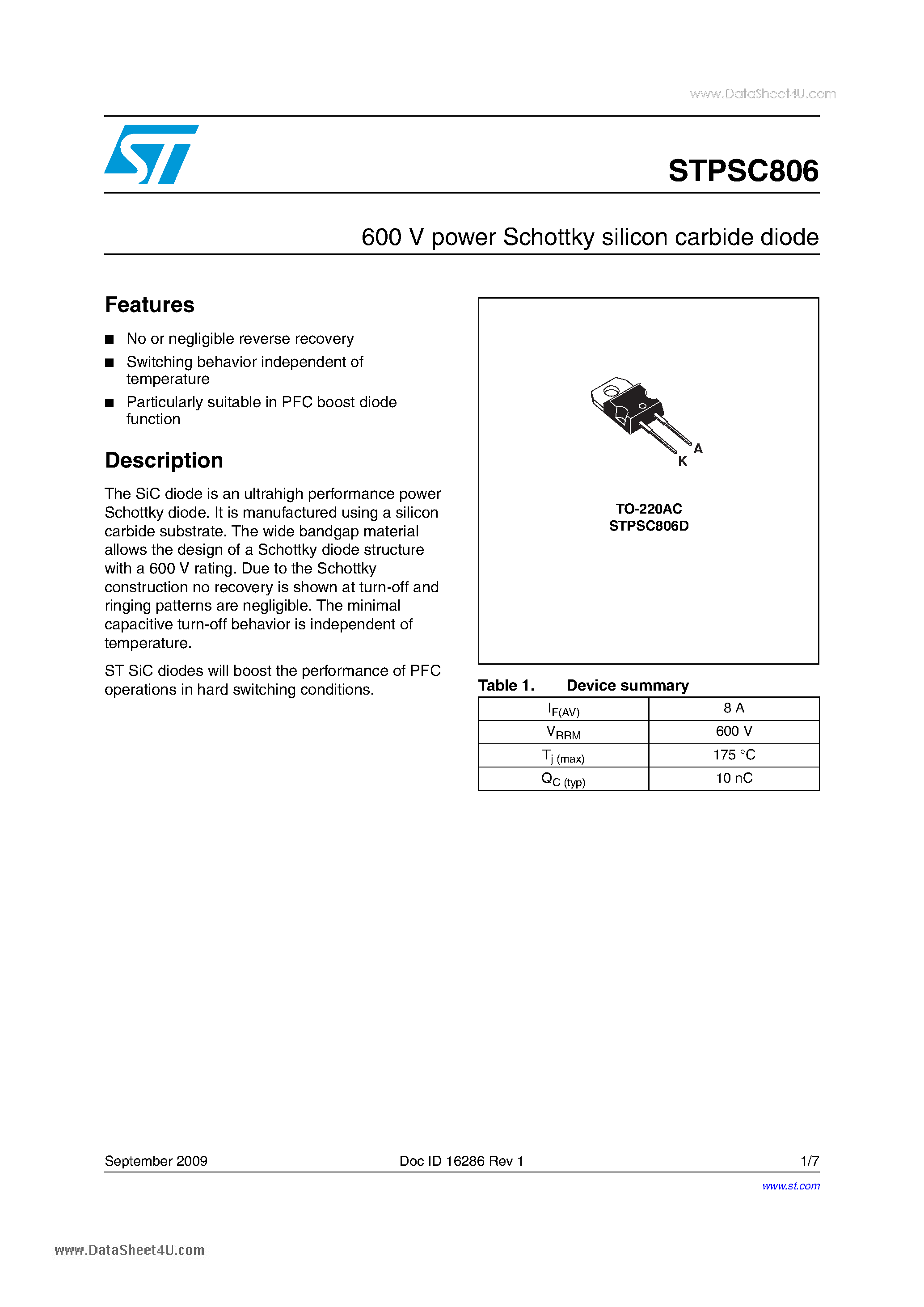 Даташит STPSC806 - Schottky Barrier 600 V power Schottky silicon carbide diode страница 1