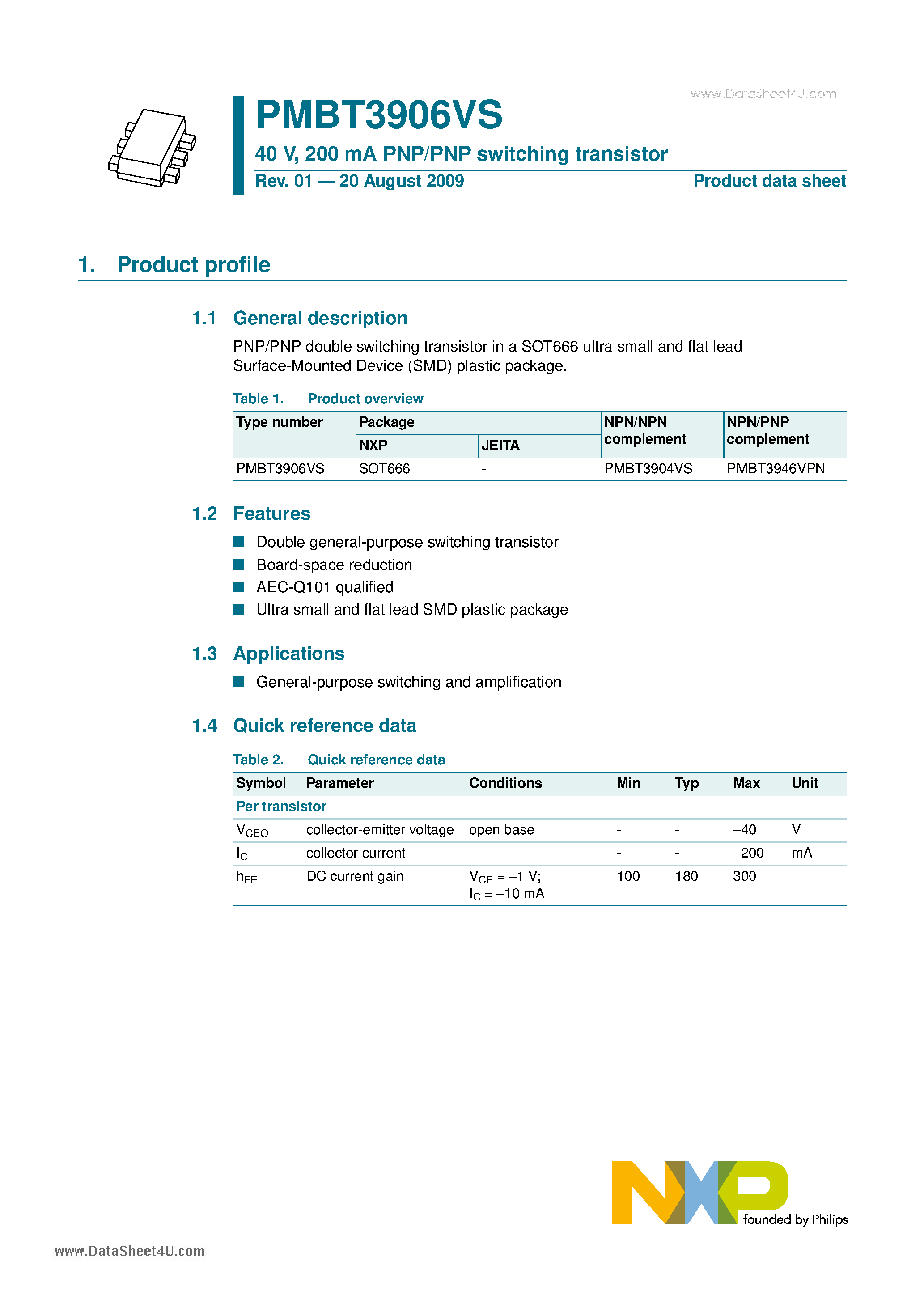 Datasheet PMBT3906VS - 200 MA PNP/PNP Switching Transistor page 1