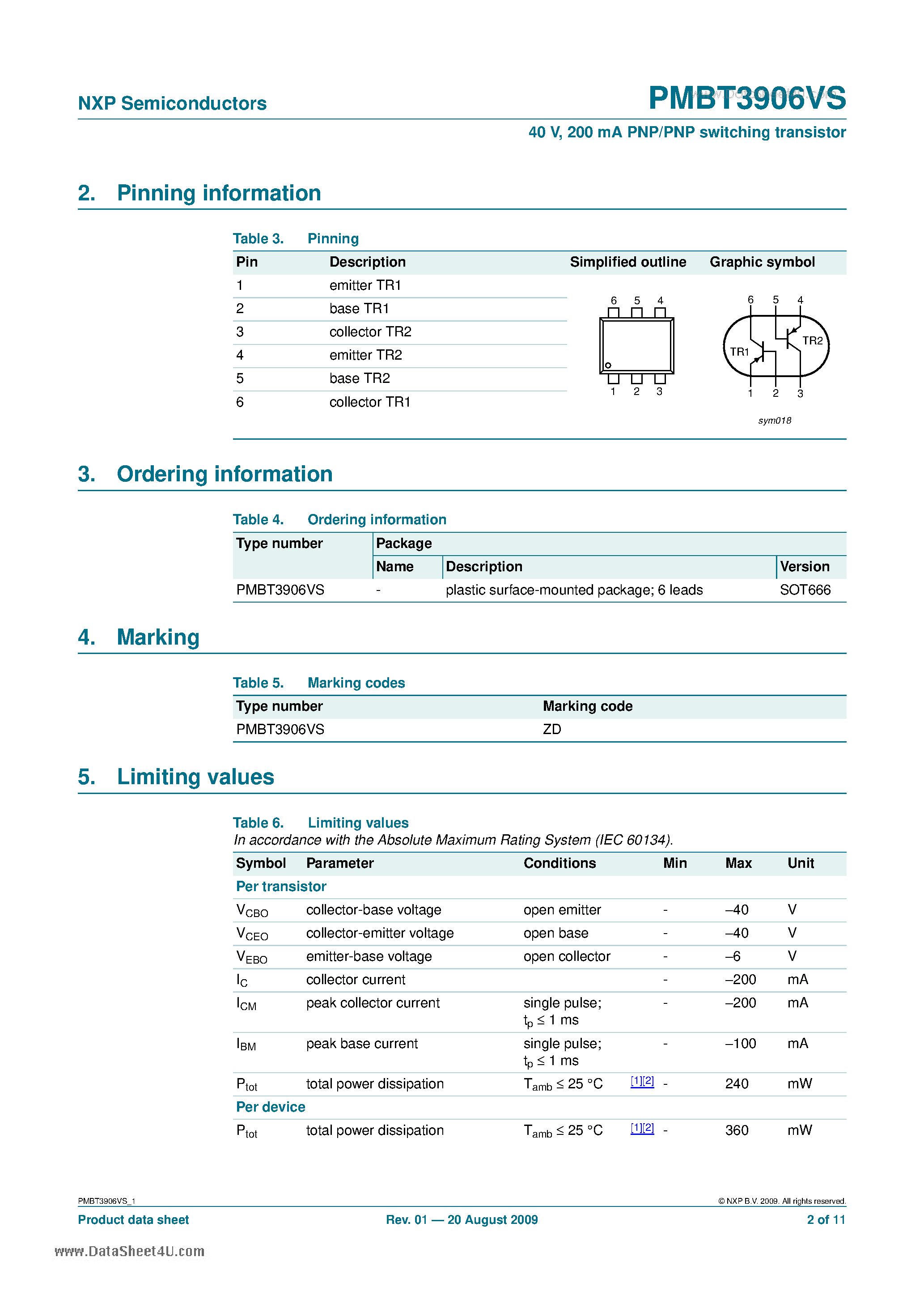 Datasheet PMBT3906VS - 200 MA PNP/PNP Switching Transistor page 2