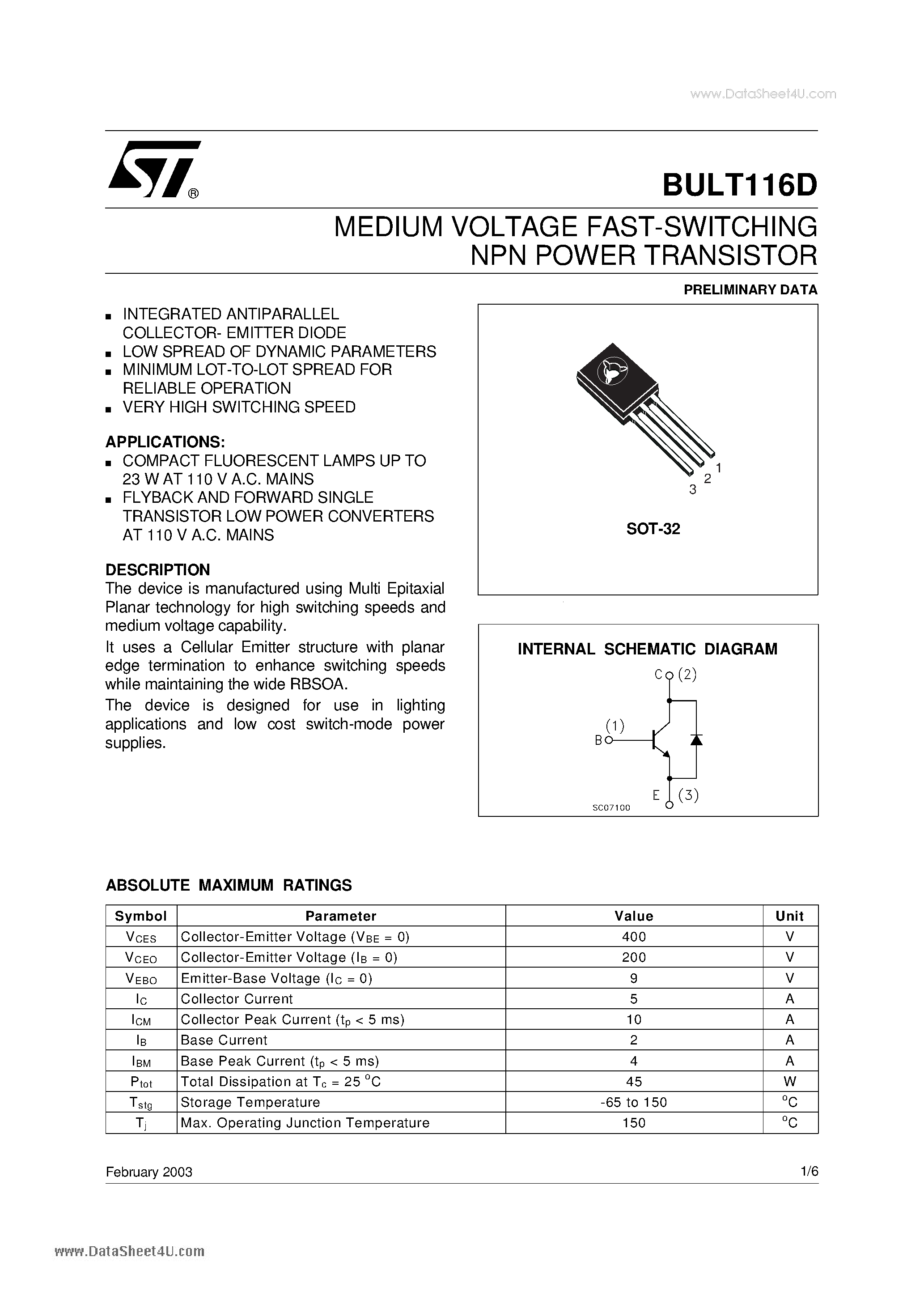 Даташит на микросхему BULT116D страница 1 Даташит BULT116D - MEDIUM VOLTAGE FAST-SWITCHING NPN POWER TRANSISTOR страница 1