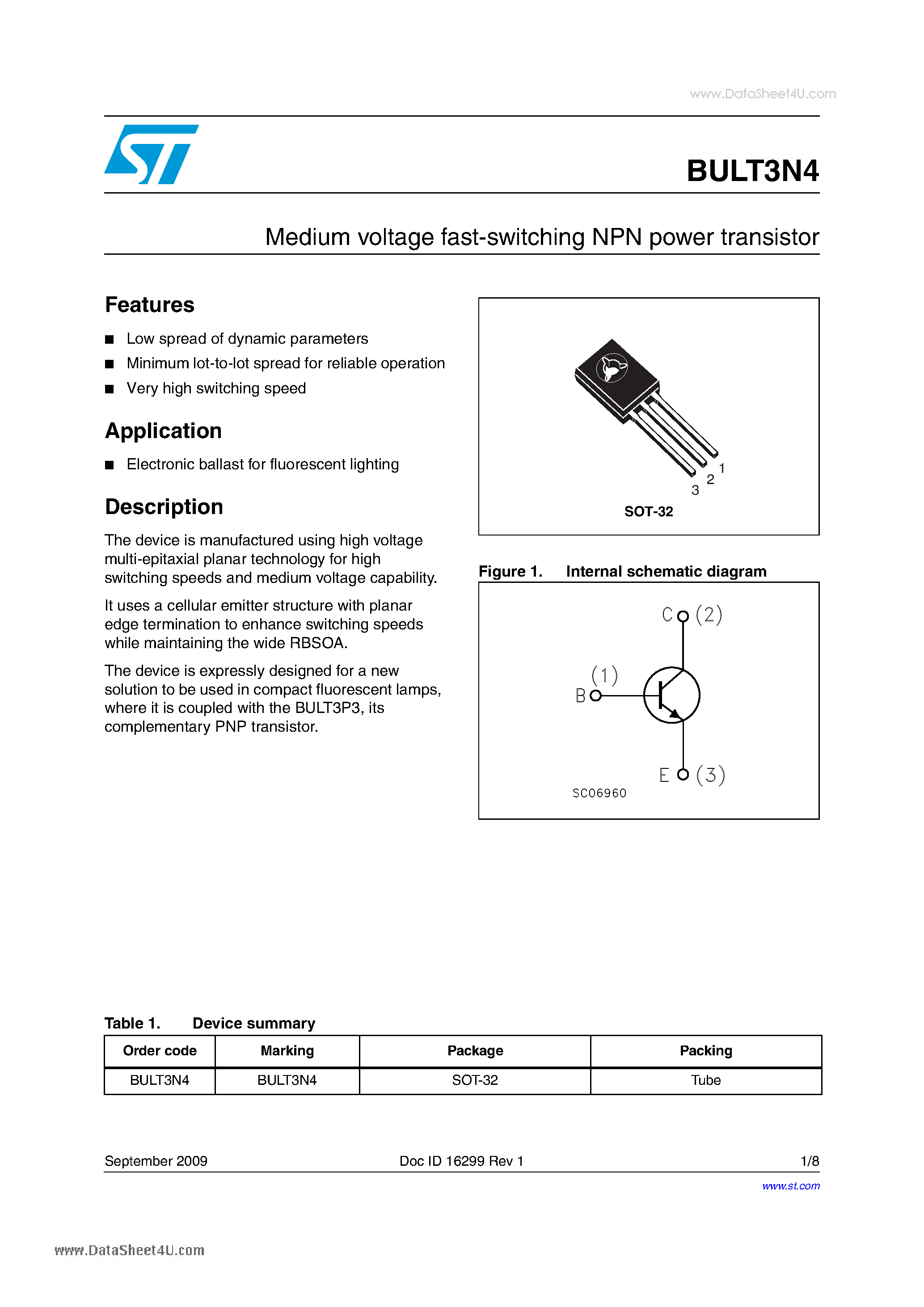 Даташит на микросхему BULT3N4 страница 1 Даташит BULT3N4 - Power Bipolar Medium voltage fast-switching NPN power transistor страница 1