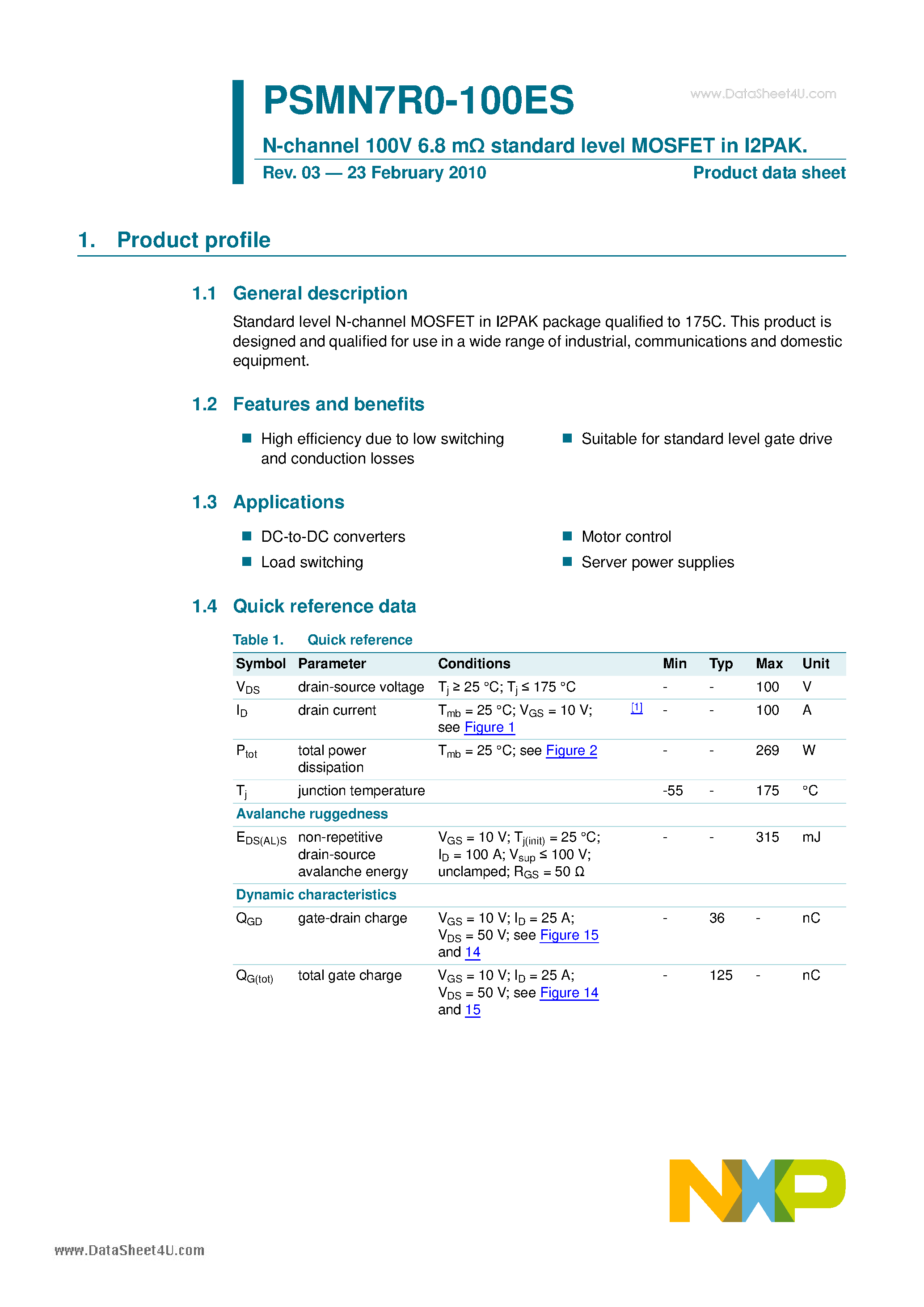 Datasheet PSMN7R0-100ES - N-channel 100V 6.8 MOhm Standard Level MOSFET page 1