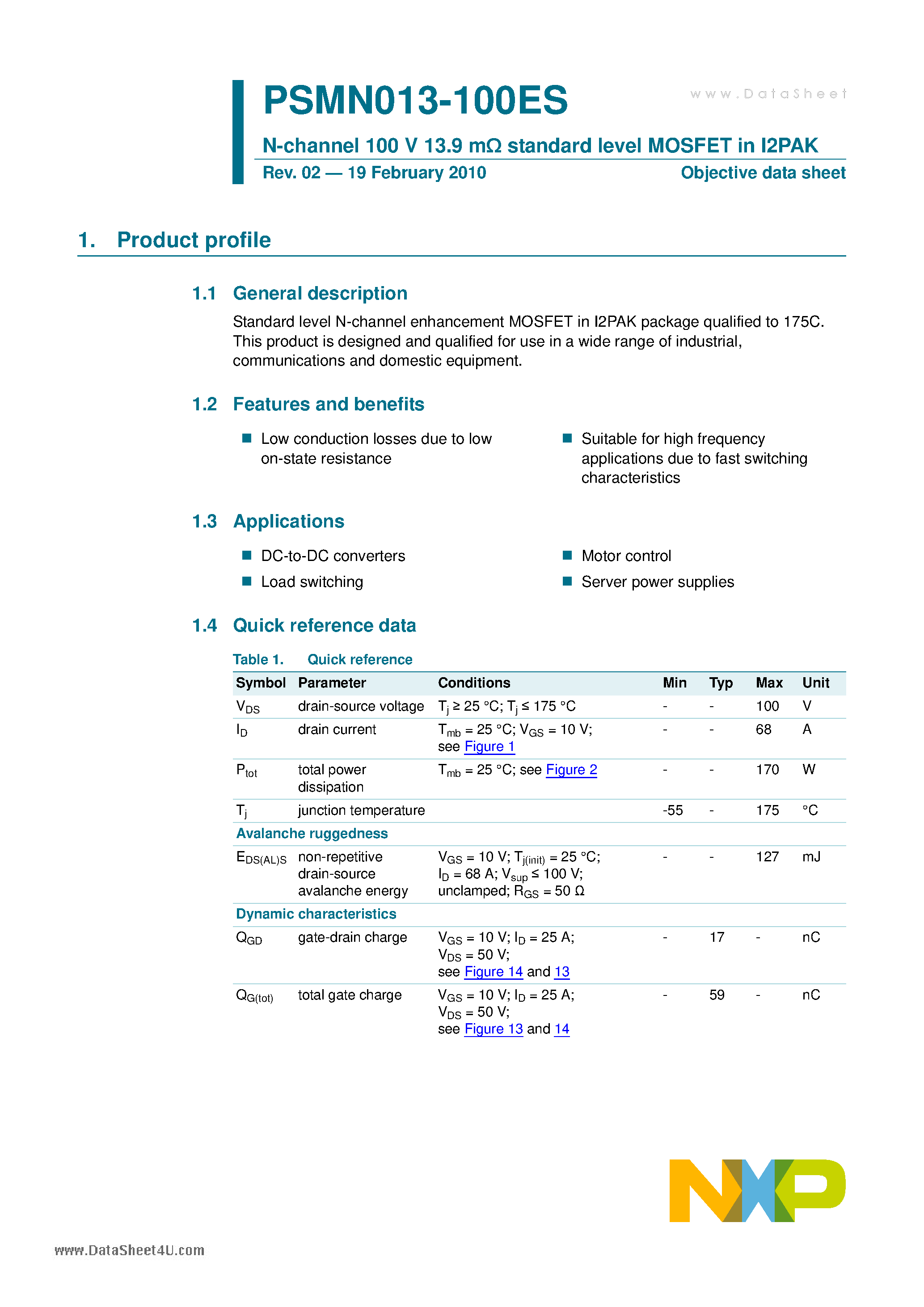 Datasheet PSMN013-100ES - N-channel 100V 13.9mOhm Standard Level MOSFET page 1