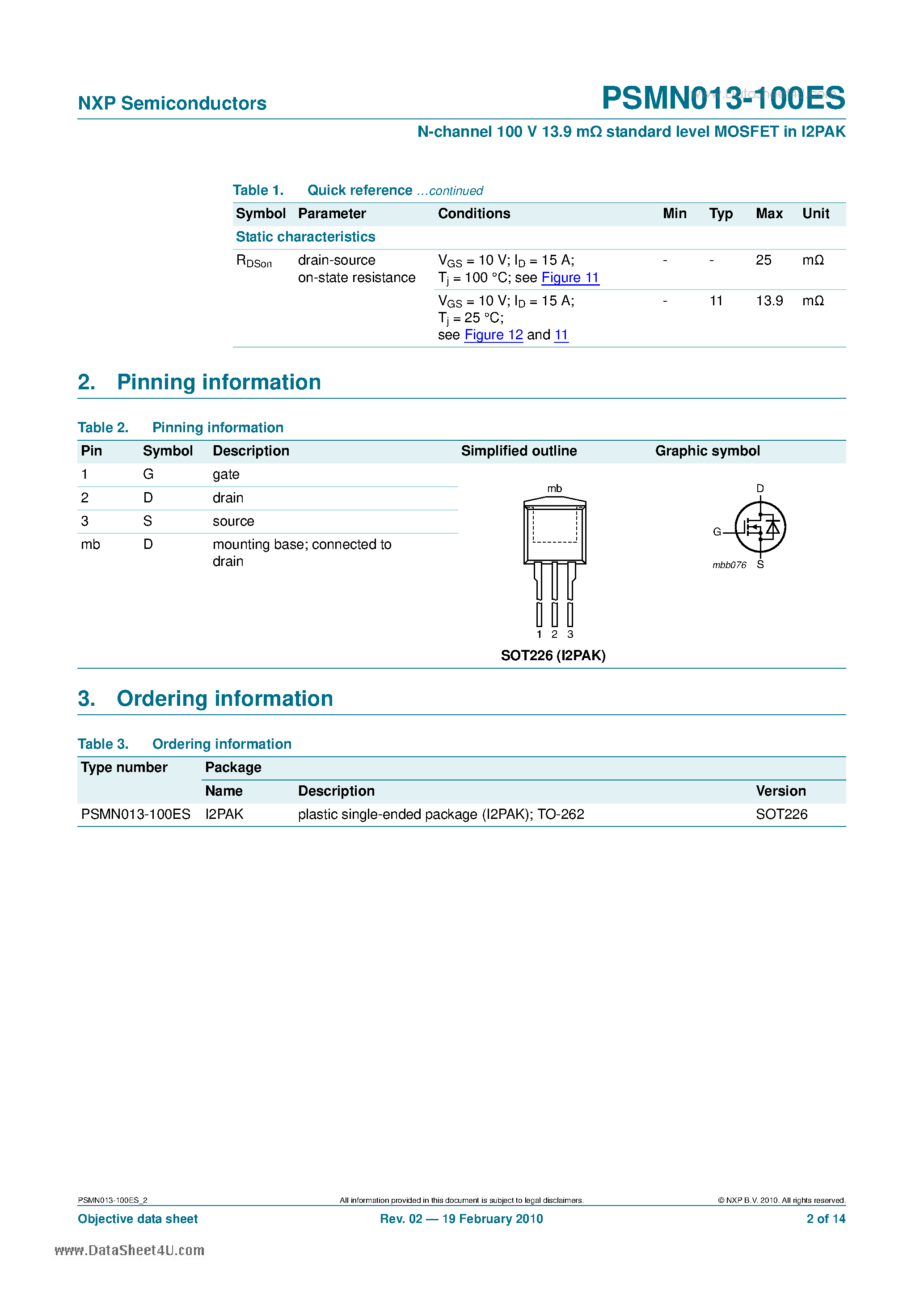 Datasheet PSMN013-100ES - N-channel 100V 13.9mOhm Standard Level MOSFET page 2