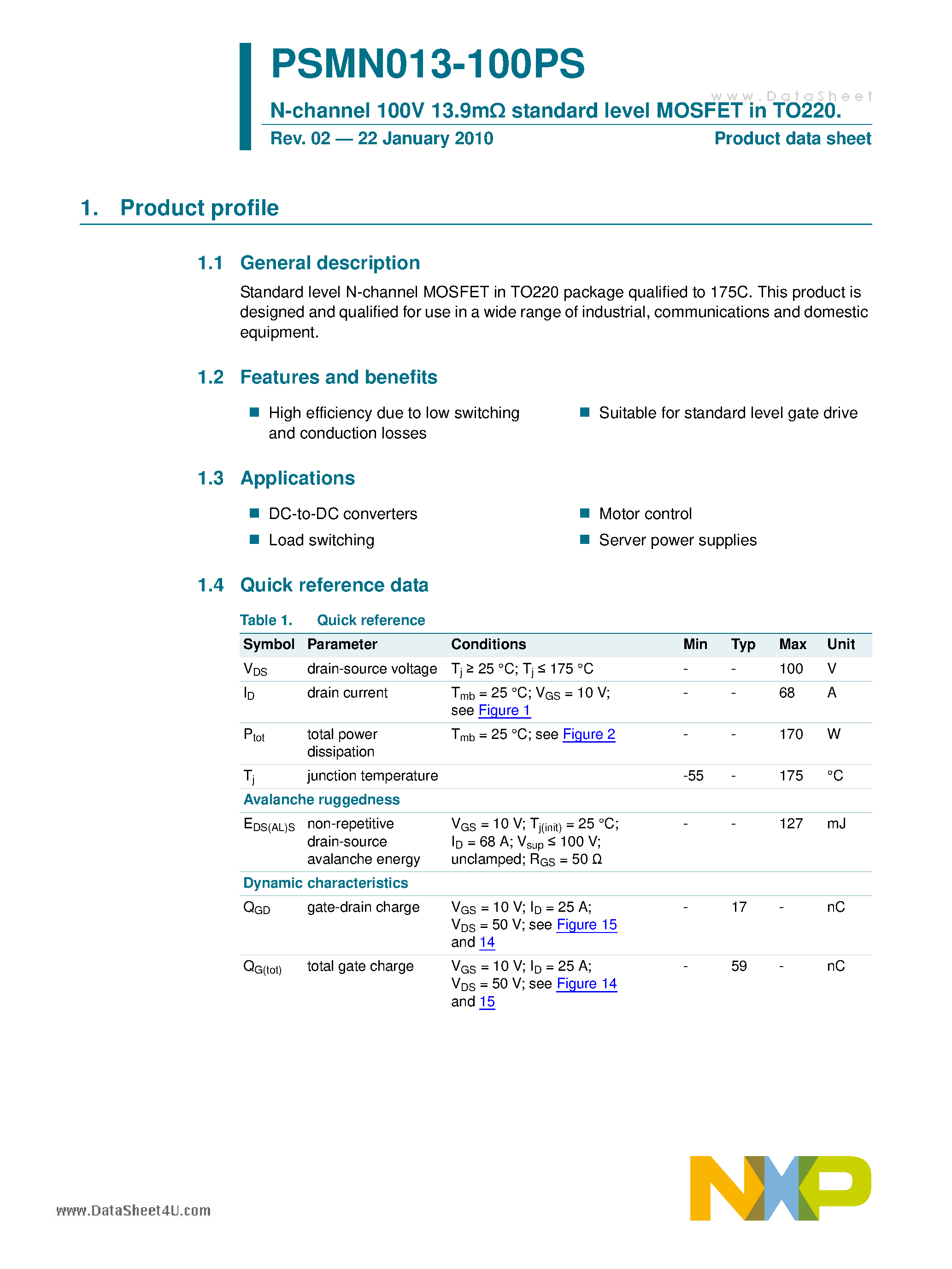 Datasheet PSMN013-100PS - N-channel 100V 13.9mOhm Standard Level MOSFET page 1