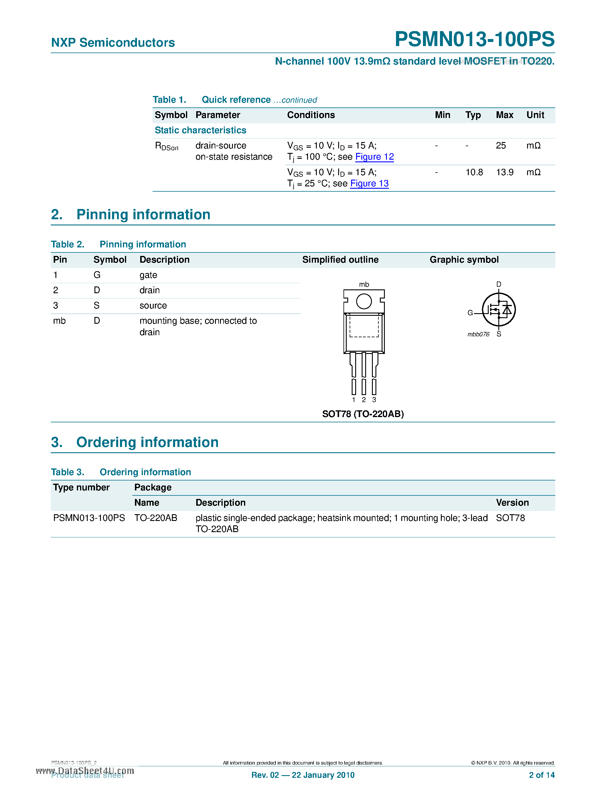 Datasheet PSMN013-100PS - N-channel 100V 13.9mOhm Standard Level MOSFET page 2